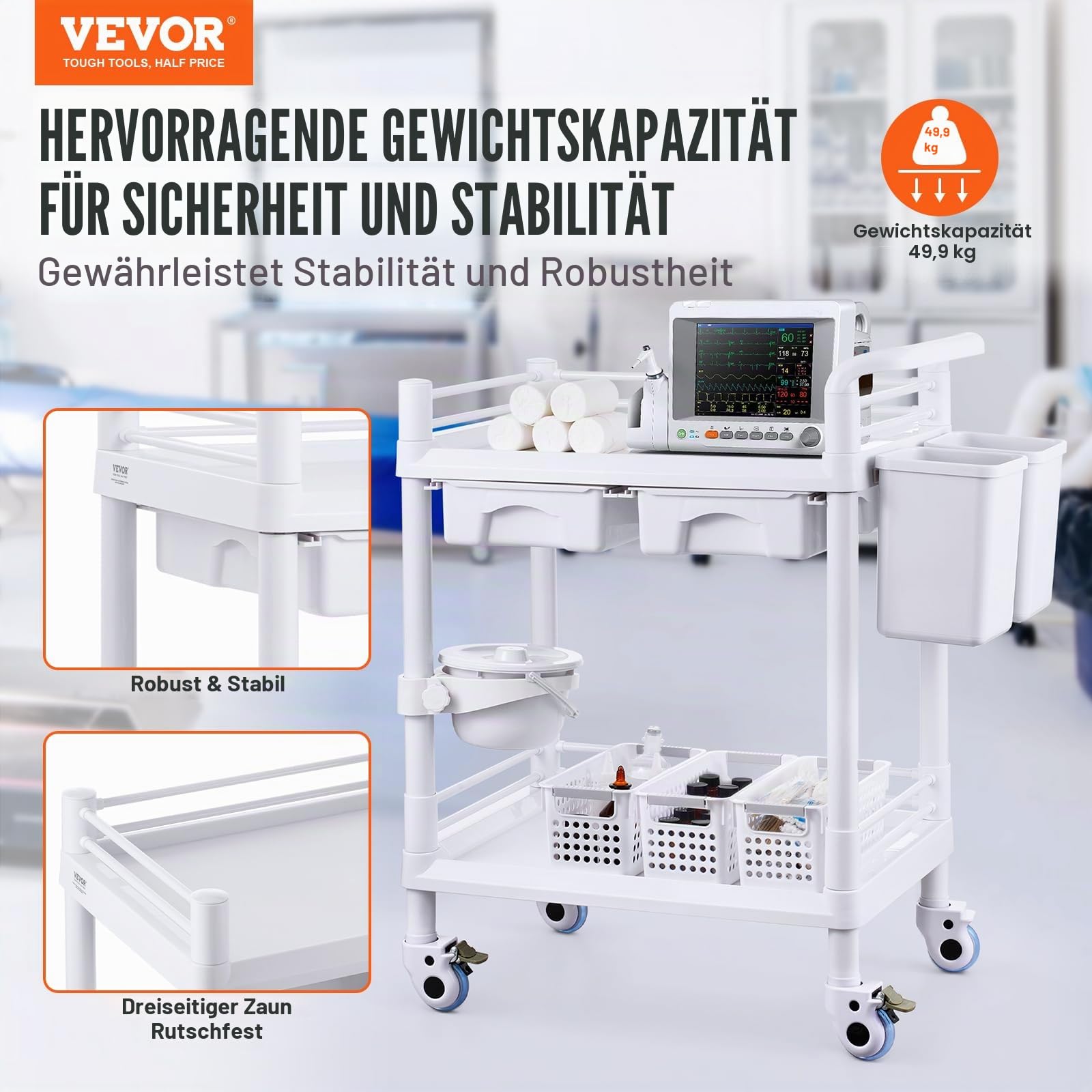 VEVOR Laborwagen Medizinwagen mit 2 Ablagen, 2 Schubladen und 4 Rädern, Rollbarer Laborwagen PP-Material, 50 kg belastbarer Servierwagen mit 3 Mülleimern für Labor, Klinik, Krankenhaus, Salon, weiß