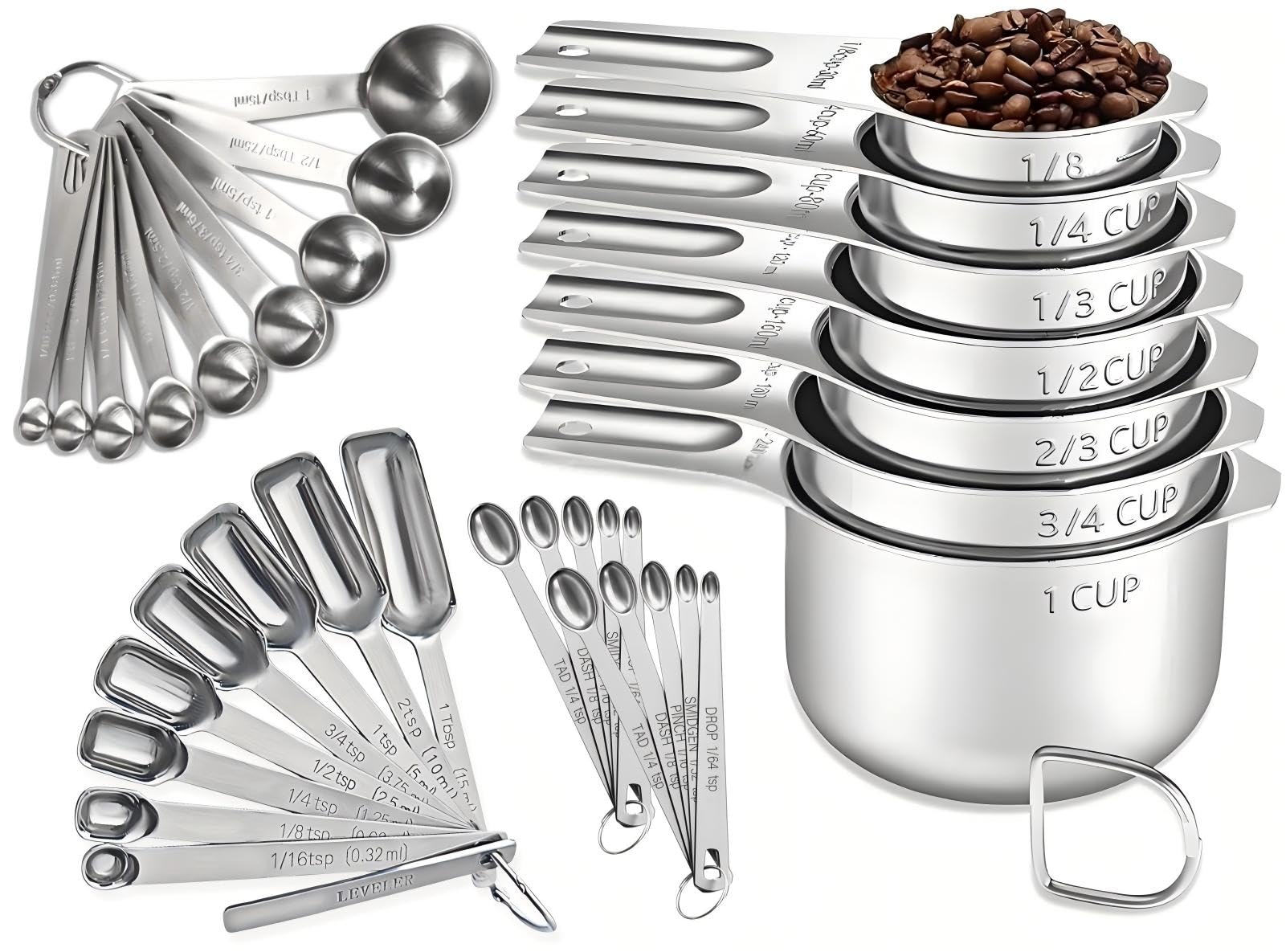 Photo 1 of 35PCS Stainless Steel Measuring Cups and Spoons Set, 7 Nesting Measuring Cups, Round & Rectangular Spoons with Clear Engraved Markings, 2-Pack Mini Spoon Sets with Leveler for Precise Cooking & Baking