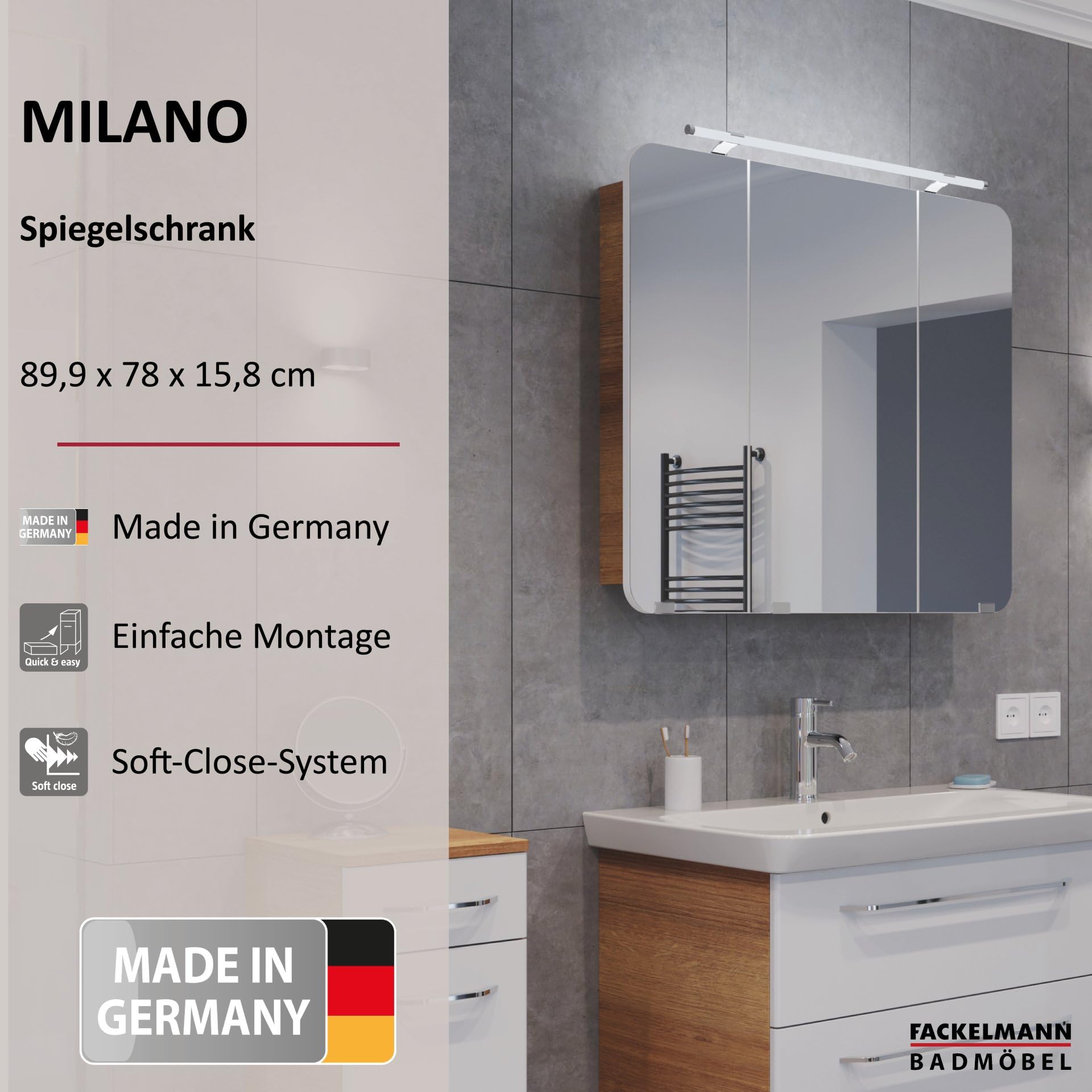 FACKELMANN LED Spiegelschrank Milano/Badschrank mit 3D Effekt/Soft-Close/Maße (B x H x T): ca. 90 x 78 x 15,5 cm/Schrank mit Spiegel & LED-Beleuchtung fürs Bad / 3 Türen/Korpus: Braun hell