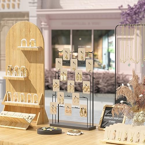 Miniatura 3 de Lolalet Soporte de exhibición de joyas para venta, 30 ganchos para aretes con base de madera, soporte de exhibición de collares de 6 niveles,