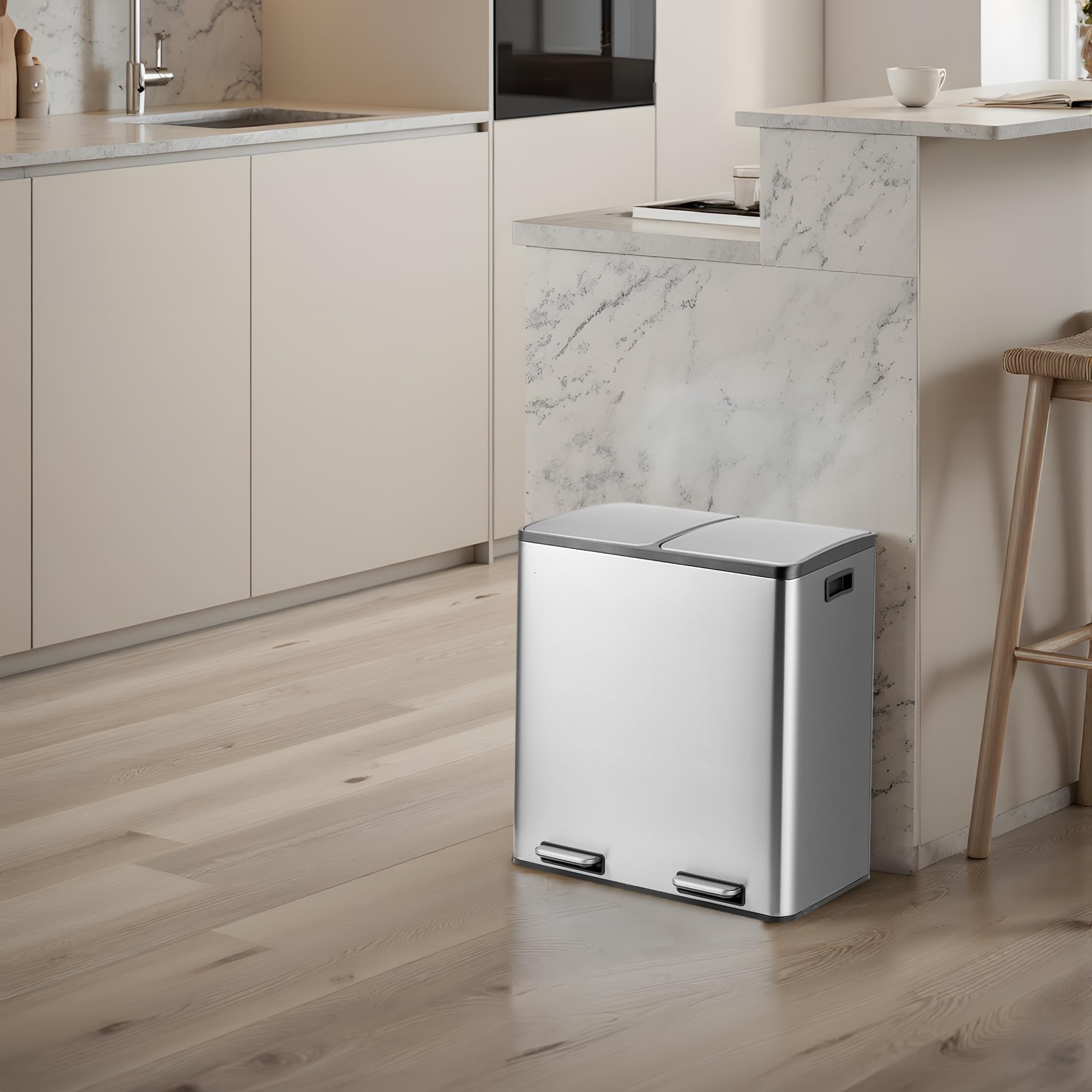 hjh OFFICE Mülleimer Küche 2 x 30 L, Mülltrennsystem mit 2 Fächer Clean 13 Metall Abfalleimer, Treteimer, herausnehmbare Inneneimer, Silber