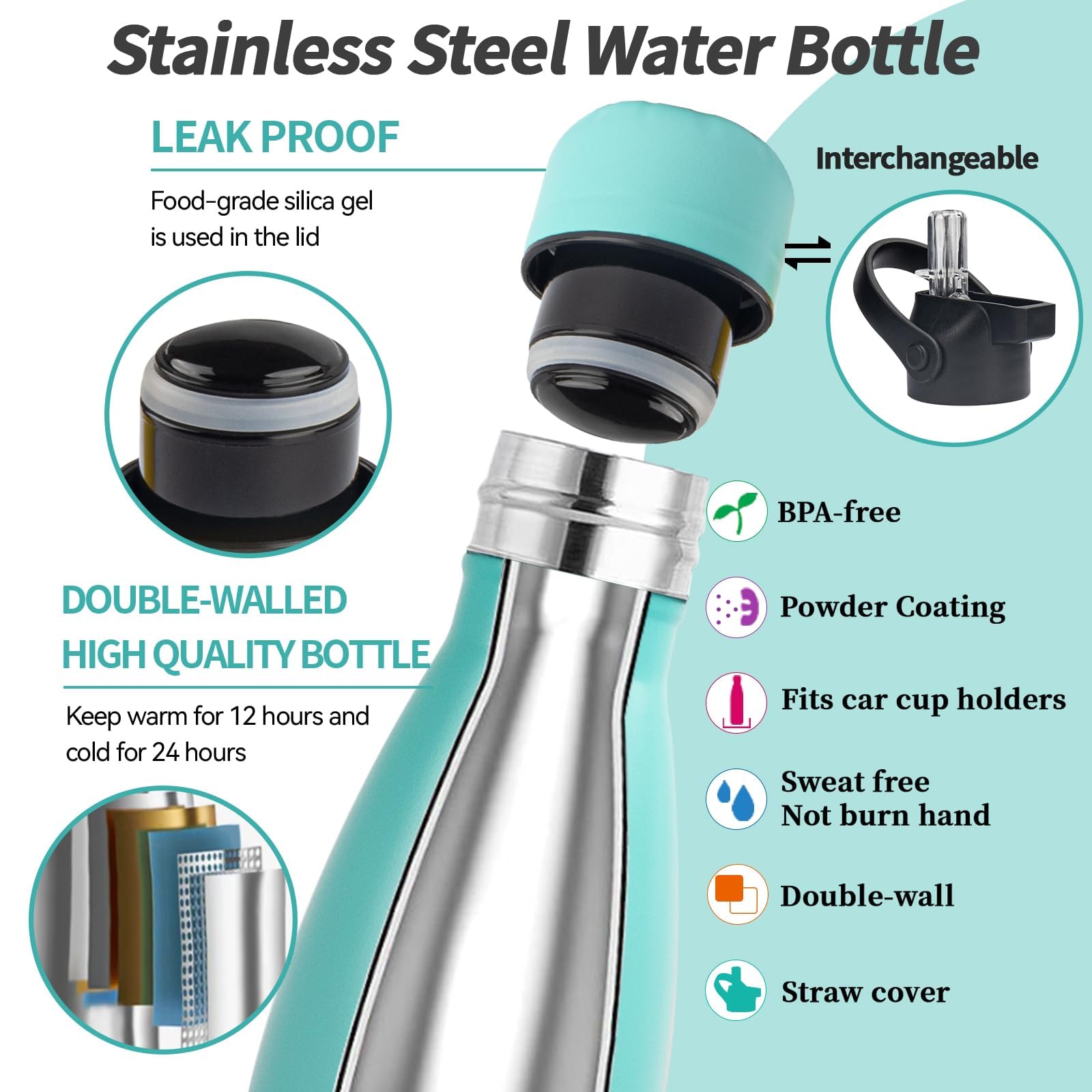 2 Pack 9oz Insulated Stainless Steel Water Bottles With Straw Lid - Kids Sport Bottles, Double Wall Vacuum (Black-Yellow) - View #5