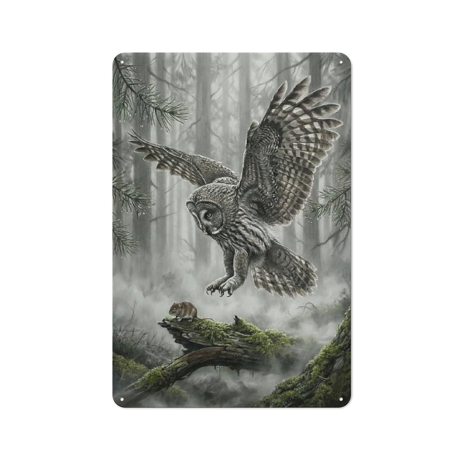Junmoney Style-1 Tin Wall Plaque 30X20cm With Owl Hunting Mouse In Misty Forest For Café Or Restaurant, New Home Wall Decor For Hospitality Interior Collectors