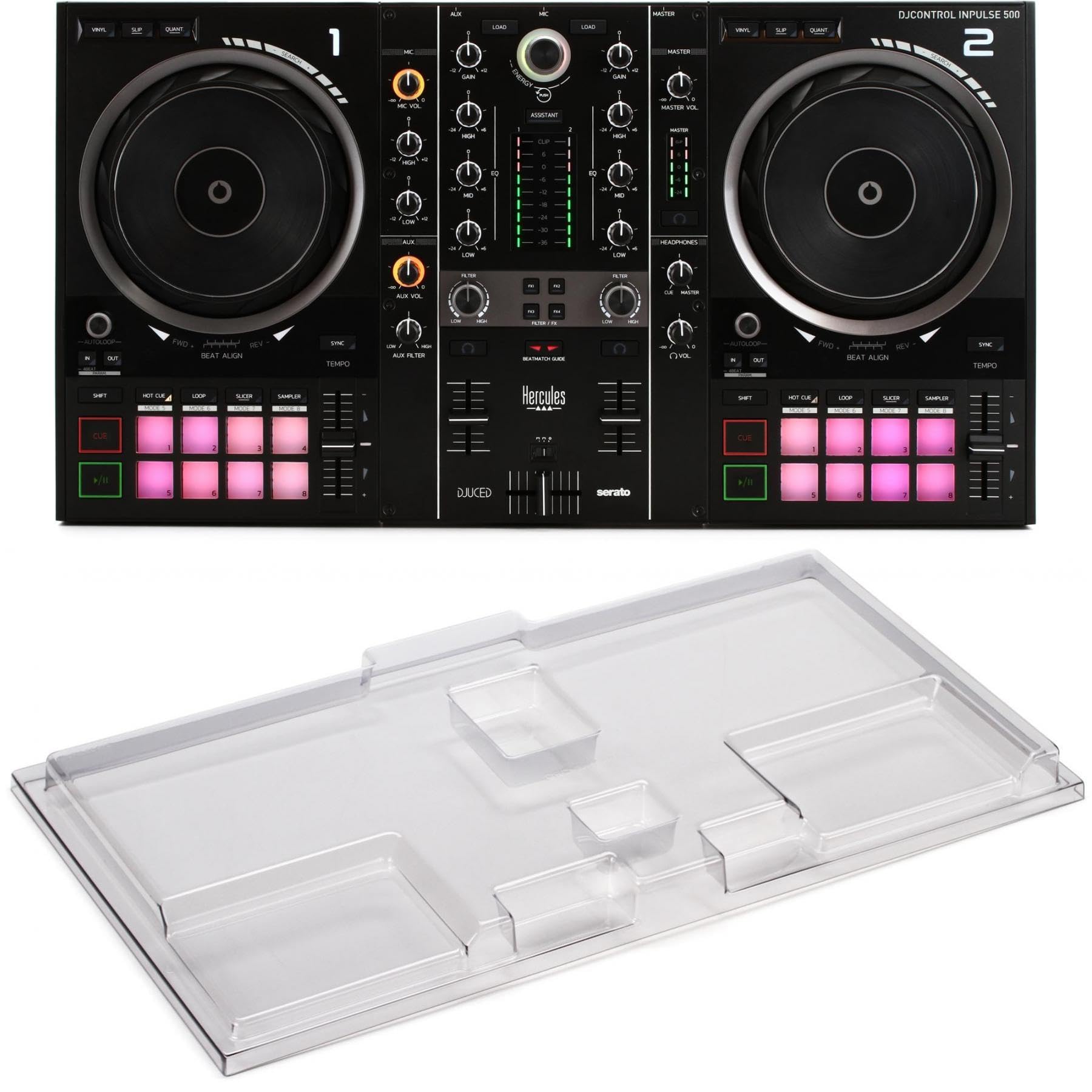 Hercules DJControl Inpulse 500 2-Channel DJ Controller with Protective Decksaver Cover for Beginners and Professionals