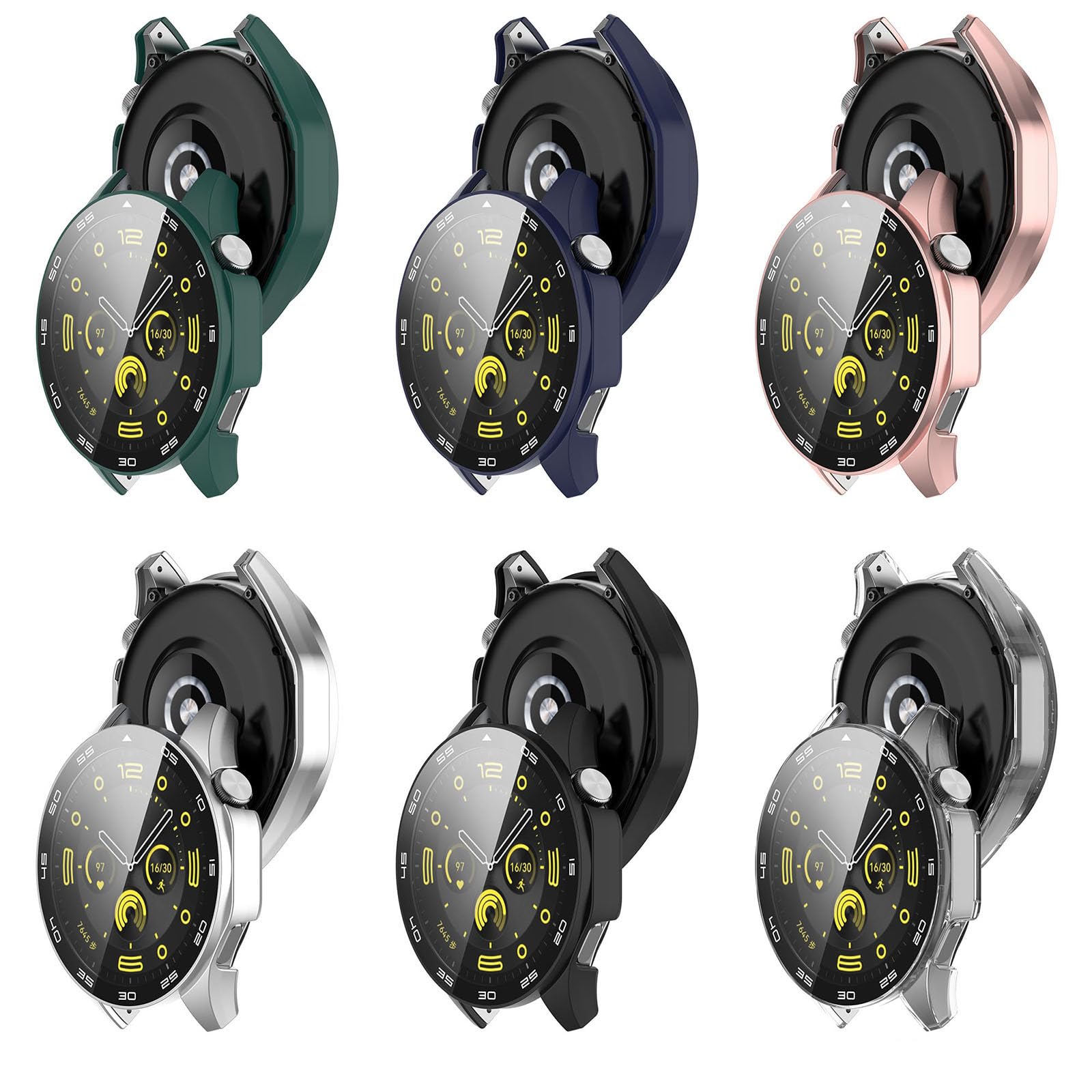 6 Pack Hard PC Case with Tempered Glass Screen Protector Compatible with Huawei Watch GT4 46MM Watch Bumper Guard Protective Cover with Hour Marker Touch Sensitive Film