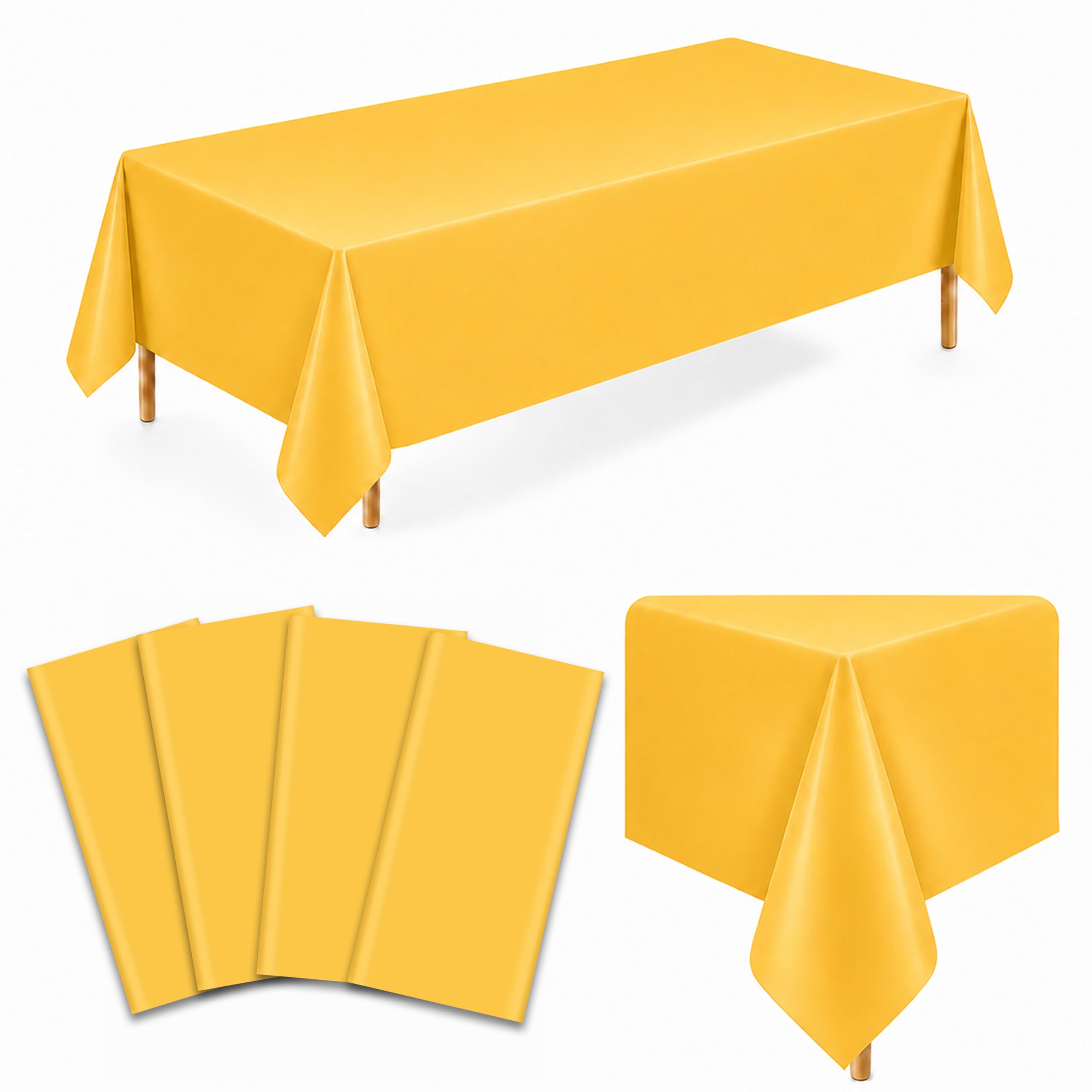 4 Pack Dark Yellow Plastic Tablecloths, 54 x 108 Inch Disposable Covers