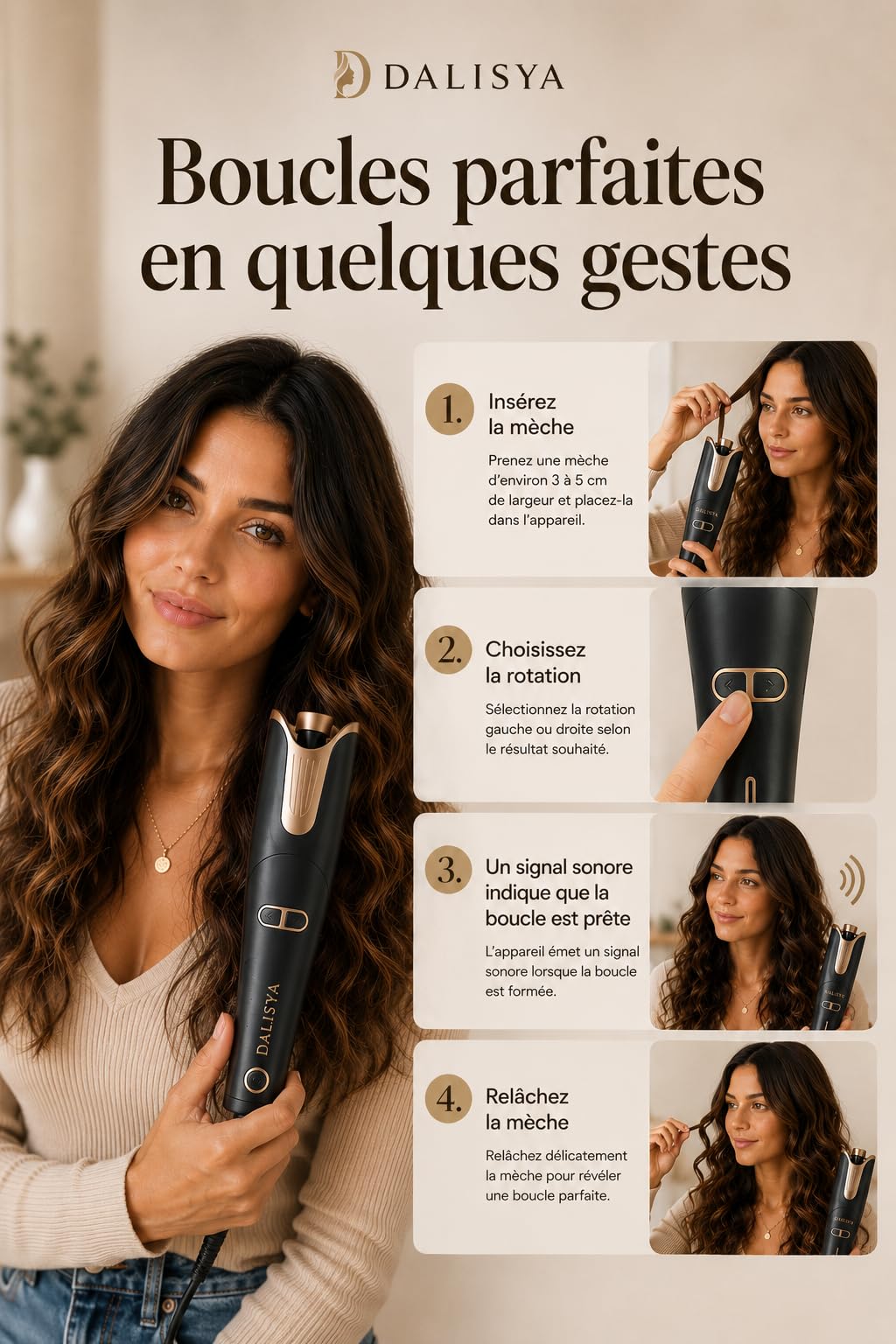 Boucleur Automatique DALISYA AutoCurl Élégance™ – Fer à Boucler Automatique Céramique 170-230°C – Boucles Naturelles Ondulations Wavy – Rotation Gauche/Droite – Idée Cadeau Femme