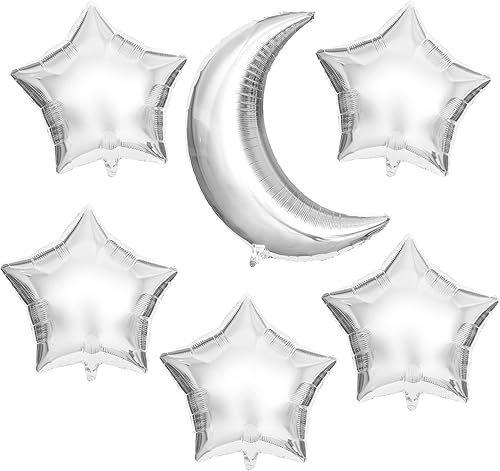 KatchOn, Globos enormes plateados de luna y estrella, 22 pulgadas, paquete de 6, globos de Eid Mubarak para decoraciones de Eid Mubarak, globo de