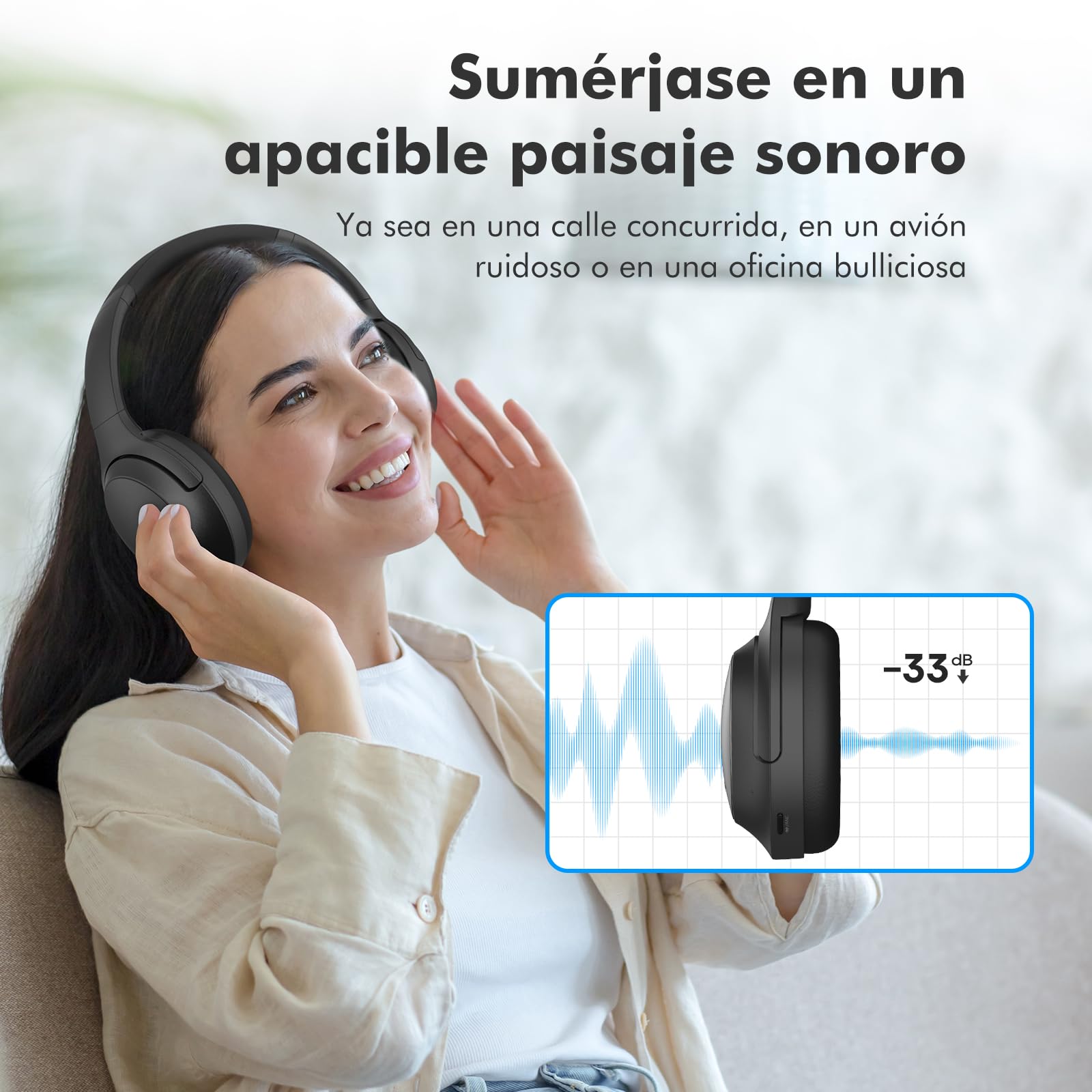 Srhythm NC45 Auriculares con cancelación Activa de Ruido, Auriculares inalámbricos Bluetooth sobre la Oreja con micrófono de Graves Profundos, Plegables y duraderos, Tiempo de reproducción de 40H