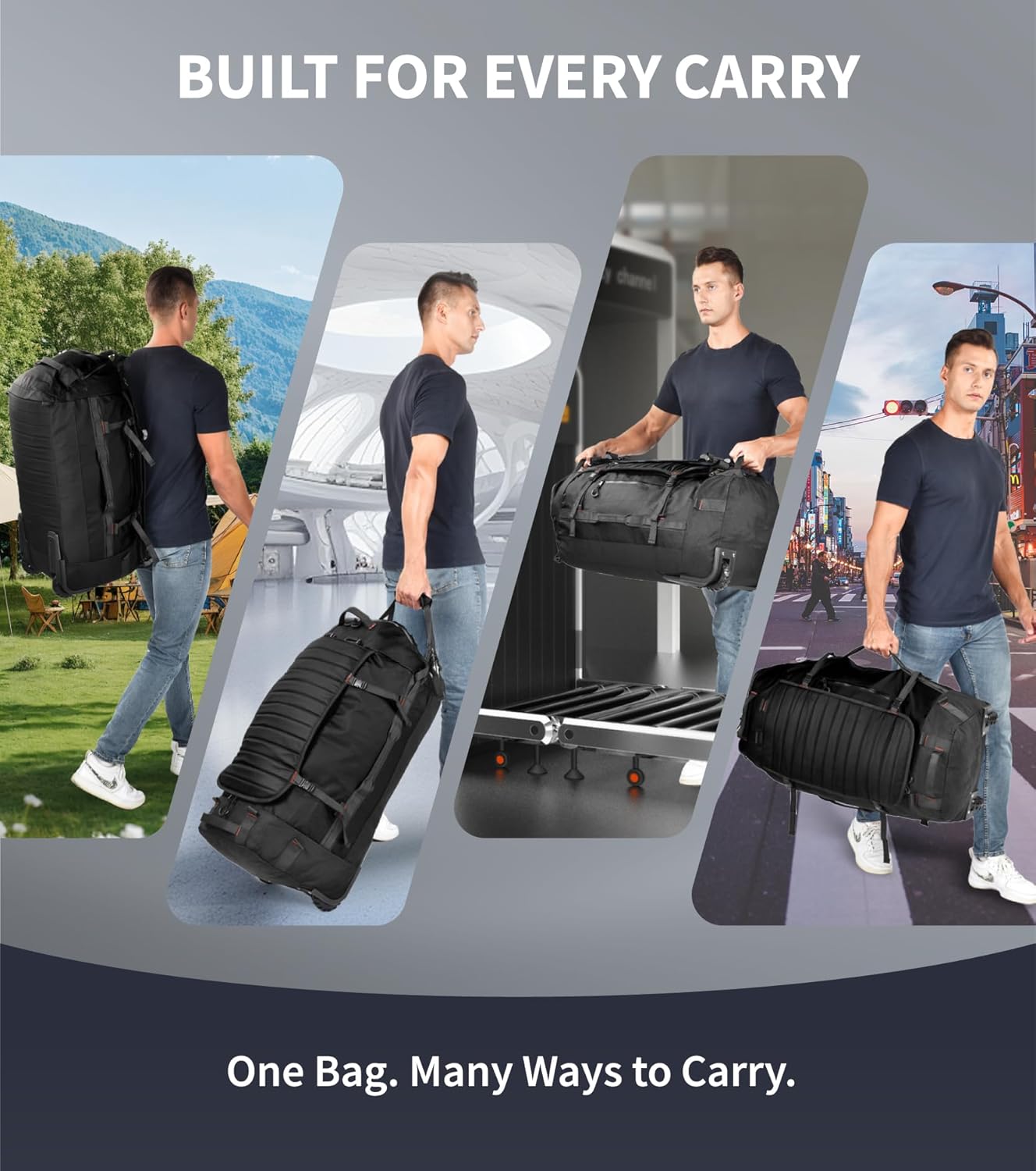 Rolling Duffle Bag with Wheels - 86L Extra Large Travel Duffel, Foldable & Waterproof Checked Luggage for Men, Camping, Sports, Long Trips (Black) - Image 4