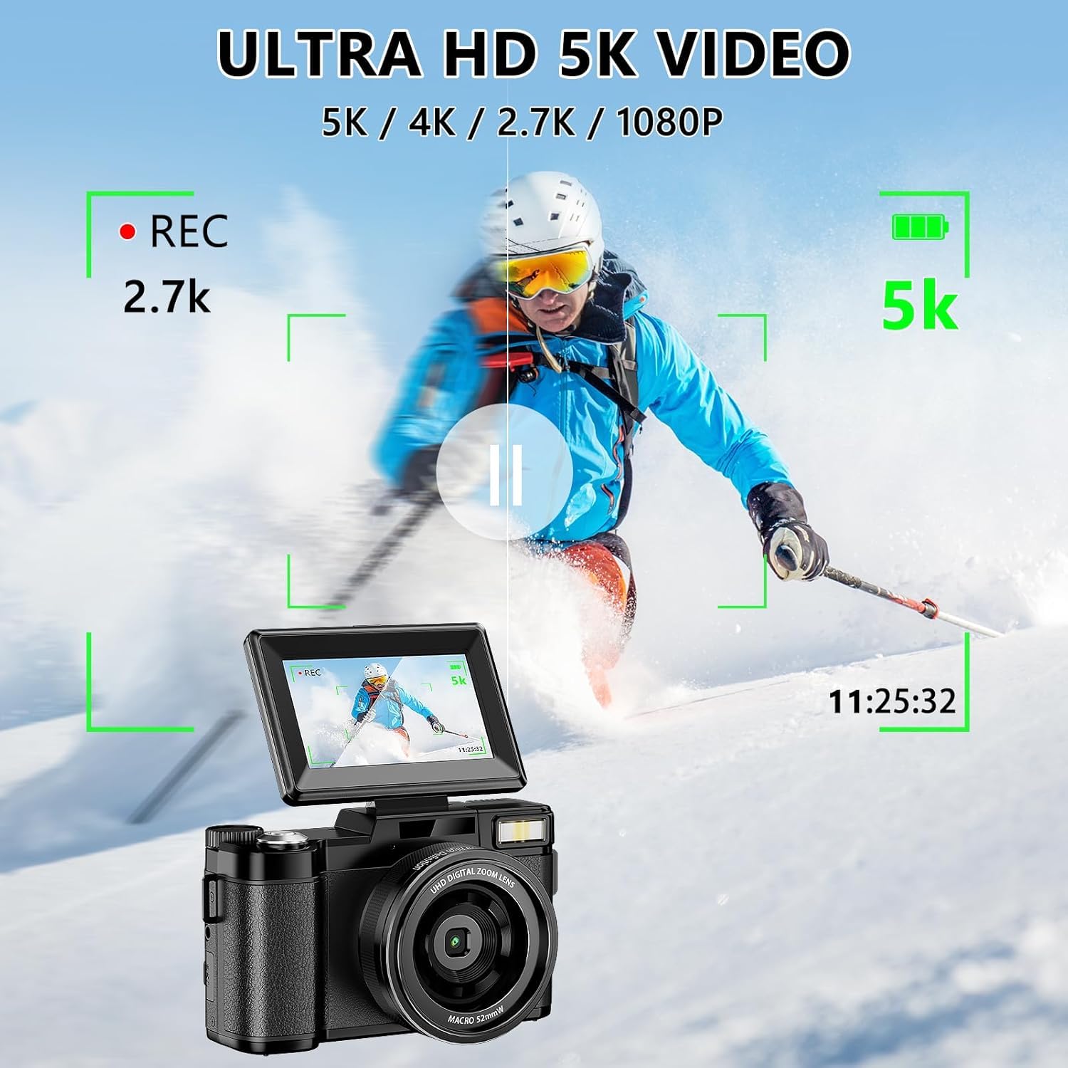 Camara de Fotos 5K 64MP Zoom Digital 18X Camara Digital Enfoque Automático, Pantalla IPS de 3" 180°, Camara Vlogging con Tarjeta de Memoria de 32GB, Batería de 800mAh, Ideal para Principiantes Jóvenes