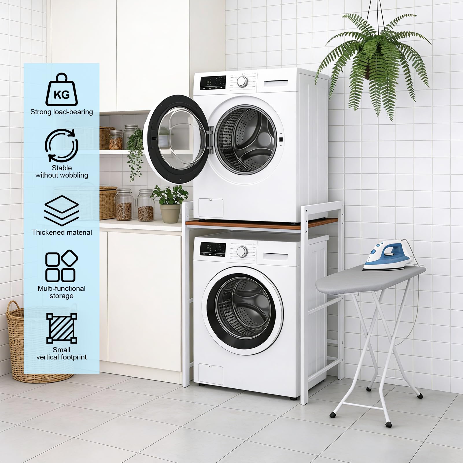 Torre Lavadora Secadora, Kit de Apilado, Estanteria Lavadora, Mueble para Secadora, Soporte, Ajustable en Altura de 3 Niveles, 300 Kg de Carga Blanco