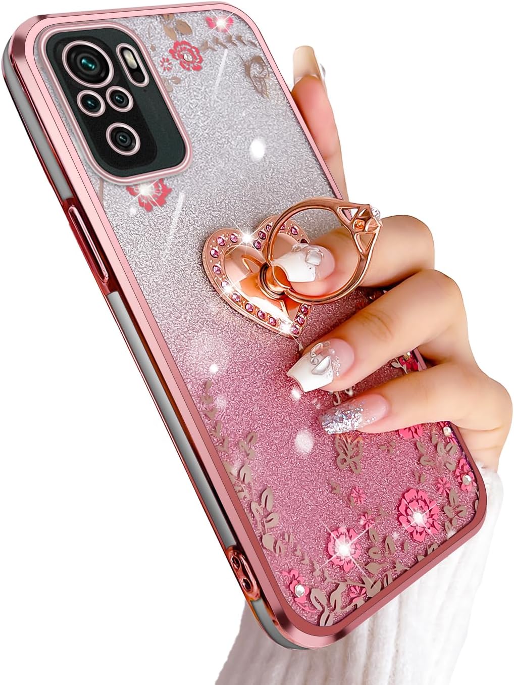 for Xiaomi Redmi Note 10 4G/Redmi Note 10S Case TPU Crystal Butterfly Heart Floral for Women Magnetic Shockproof with Kickstand & Protection Cover for Redmi Note 10 4G Case(Glitter Rose) - Image 4