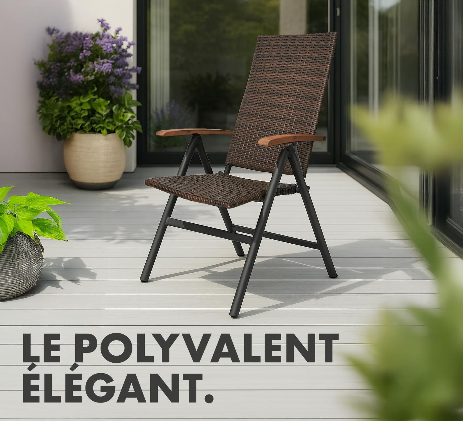 BRUBAKER Modena Chaise de Jardin Poly Rattan - Chaise à Dossier Haut réglable en 7 Positions - Rembourré - Imperméable - Métal - Gris/Brun