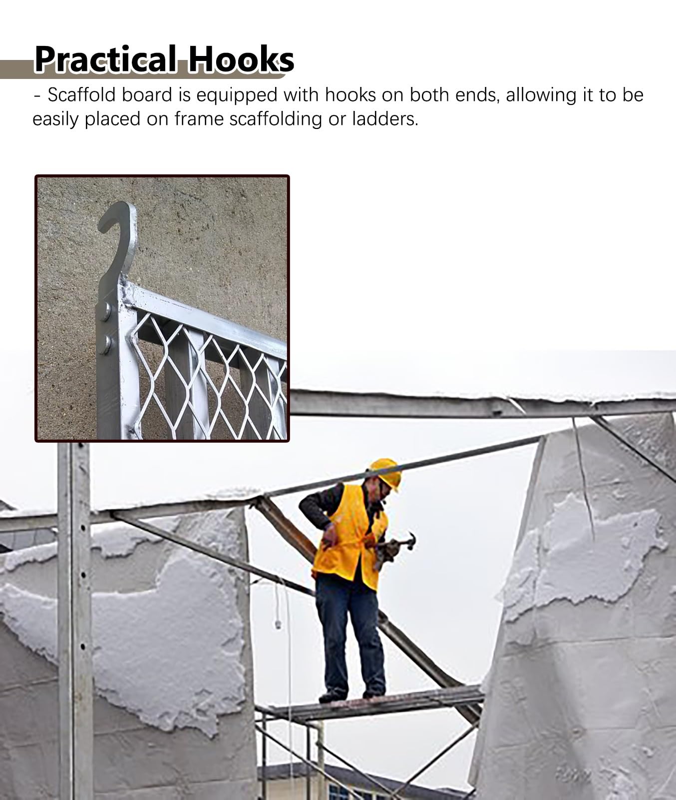 Andamio Plataforma de Andamio de 170 cm de Largo para Construcción, Tablero de Andamio con Soporte Transversal y Gancho, Plataforma de Trabajo de Red Antideslizante, Banco de Torre