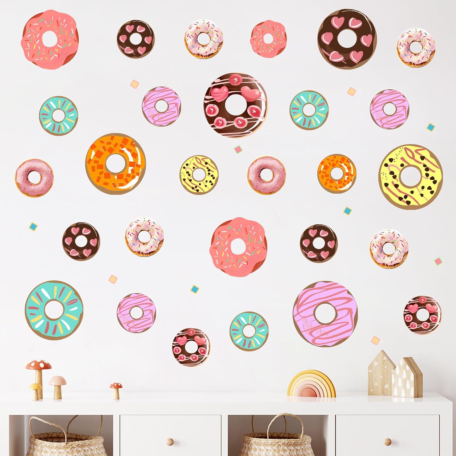 Mfault Colorful Donuts Wall Decals Stickers, Cute Sweet Dessert Doughnut Nursery Decorations Girls Bedroom Art, Confetti Bakery Dessert Shop Living Room Kitchen Home Decor