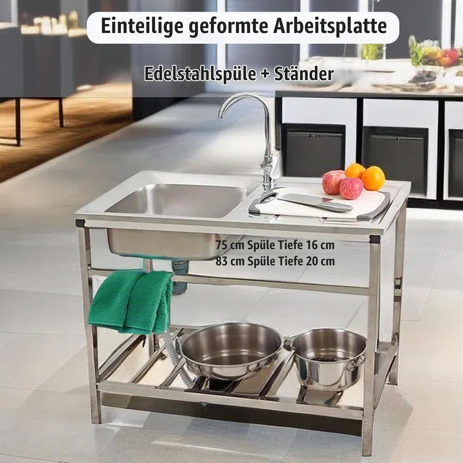 Spültisch Edelstahl 75 83cm Camping Spülbecken Wetterfest Outdoor Spüle Gartenschlauch Küche mit Wasserhahn Ablassvorrichtung Waschtrog Werkbank für Werkstatt Grillplatz Terrassen(75x40x75cm)