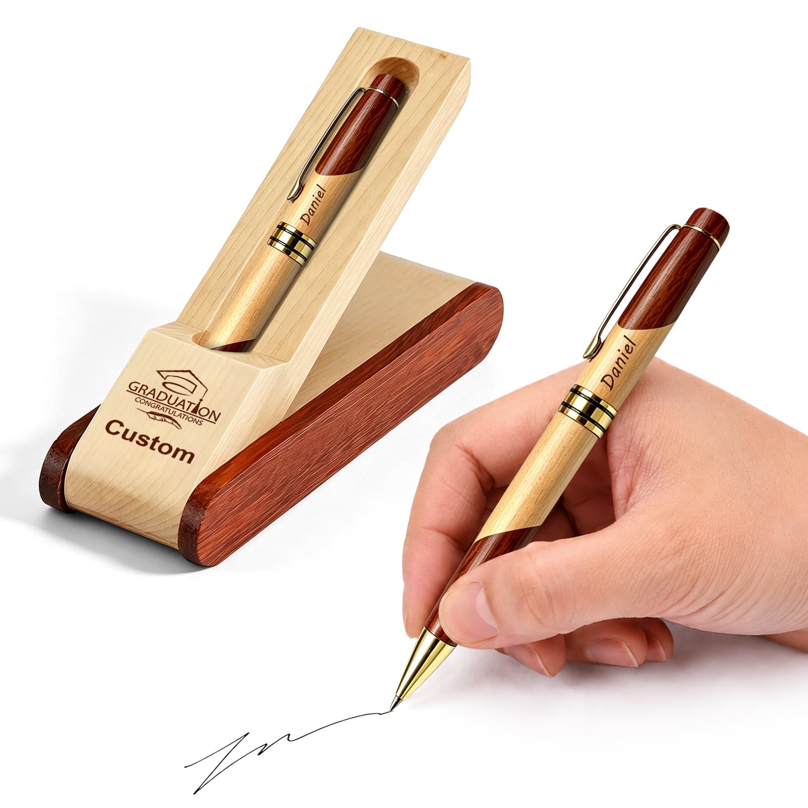 WFE Personalised Wooden Ballpoint Pen Luxury Gift Box Custom Laser Engraved Name Logo Smooth Twist Writing Office Work Desk Stationery Executive Gifts (Custom pen2)