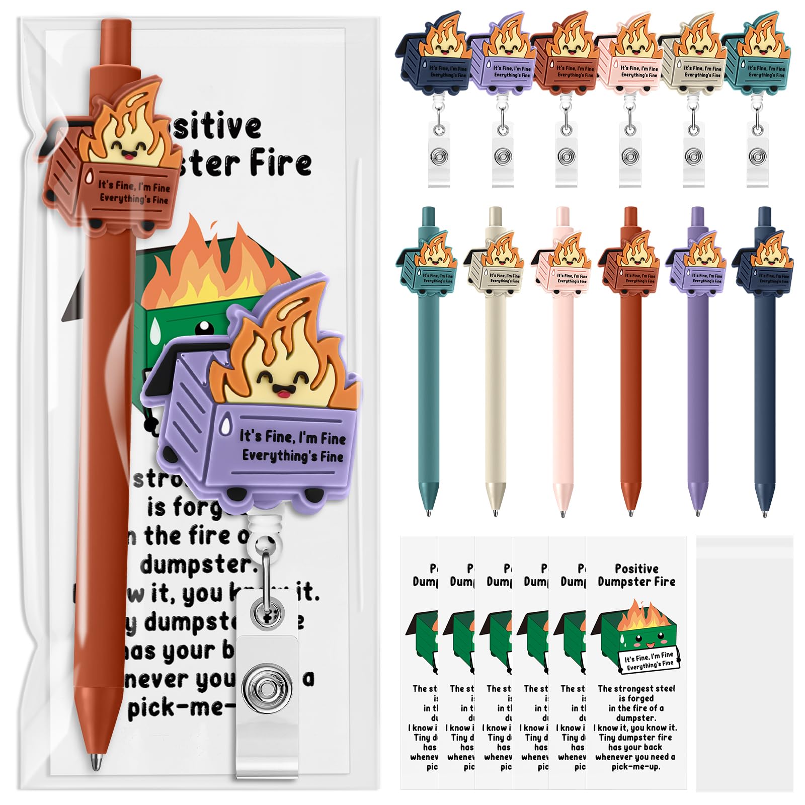 Sayglossy 6 Set Employee Appreciation Gift Bulk Dumpster Fire Badge Reel Funny Ballpoint Pen Saying Dumpster Fire ID Card Holder Thank You Card