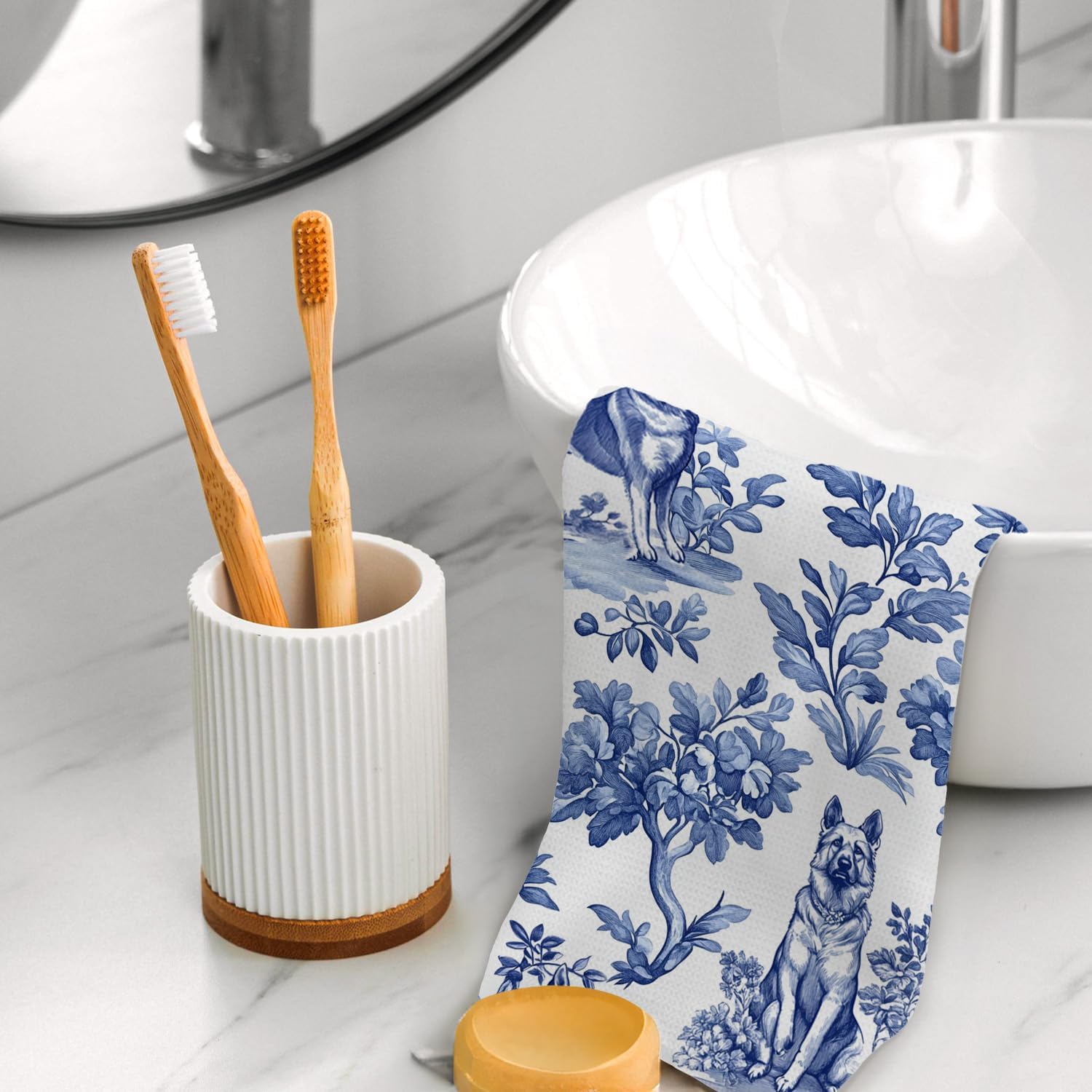 Blue and White Chinoiserie Bow German Shepherd Kitchen Towels, Vintage Blue Coquette Dog Hand Towels for Bathroom, German Shepherd Gifts Dish Tea Towel, 16x24 Inch Set of 2 - Image 5