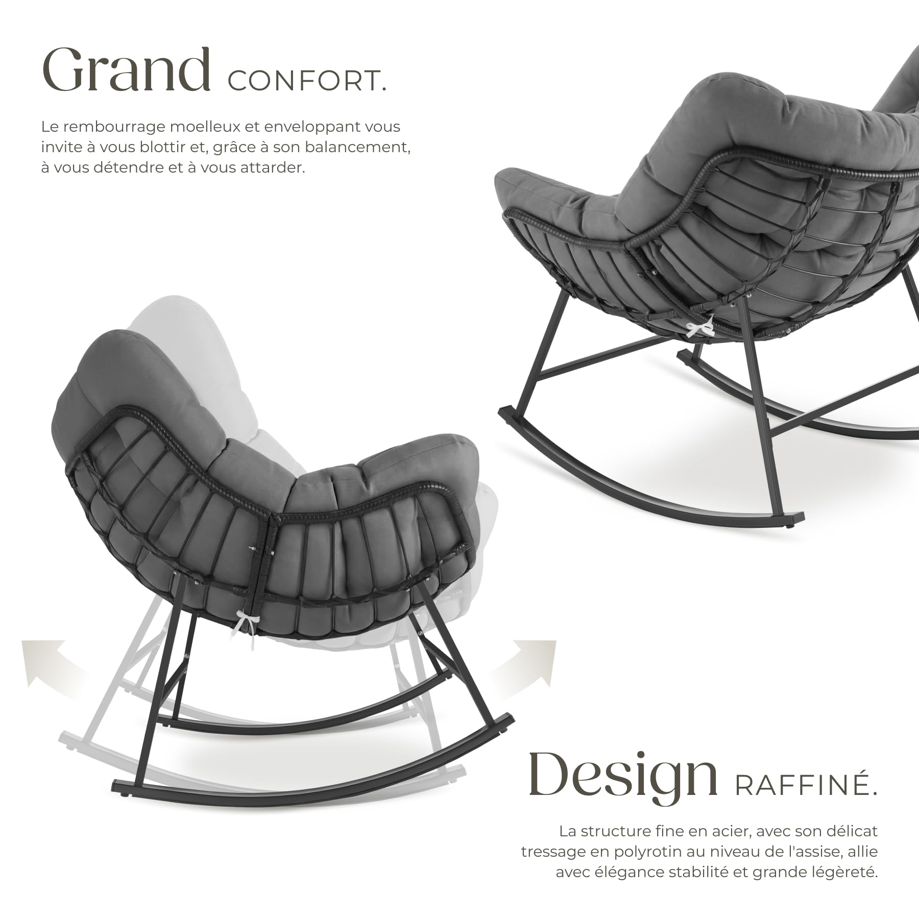 tectake® Fauteuil à Bascule 93x99.5x89 cm, Rembourrage épais avec Motif matelassé, Résistant aux intempéries, Max. 120kg, Structure en Acier, Assise en rotin tressé, Rocking Chair - Gris Anthracite