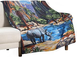 Tropical Desert Lake Blanket for Women Kids Boys Men Gifts Home Bedroom Living, Rhinoceros Animal Palm Tree Plant Soft Cozy Lightweight Throw Blankets, 40x50 Inch