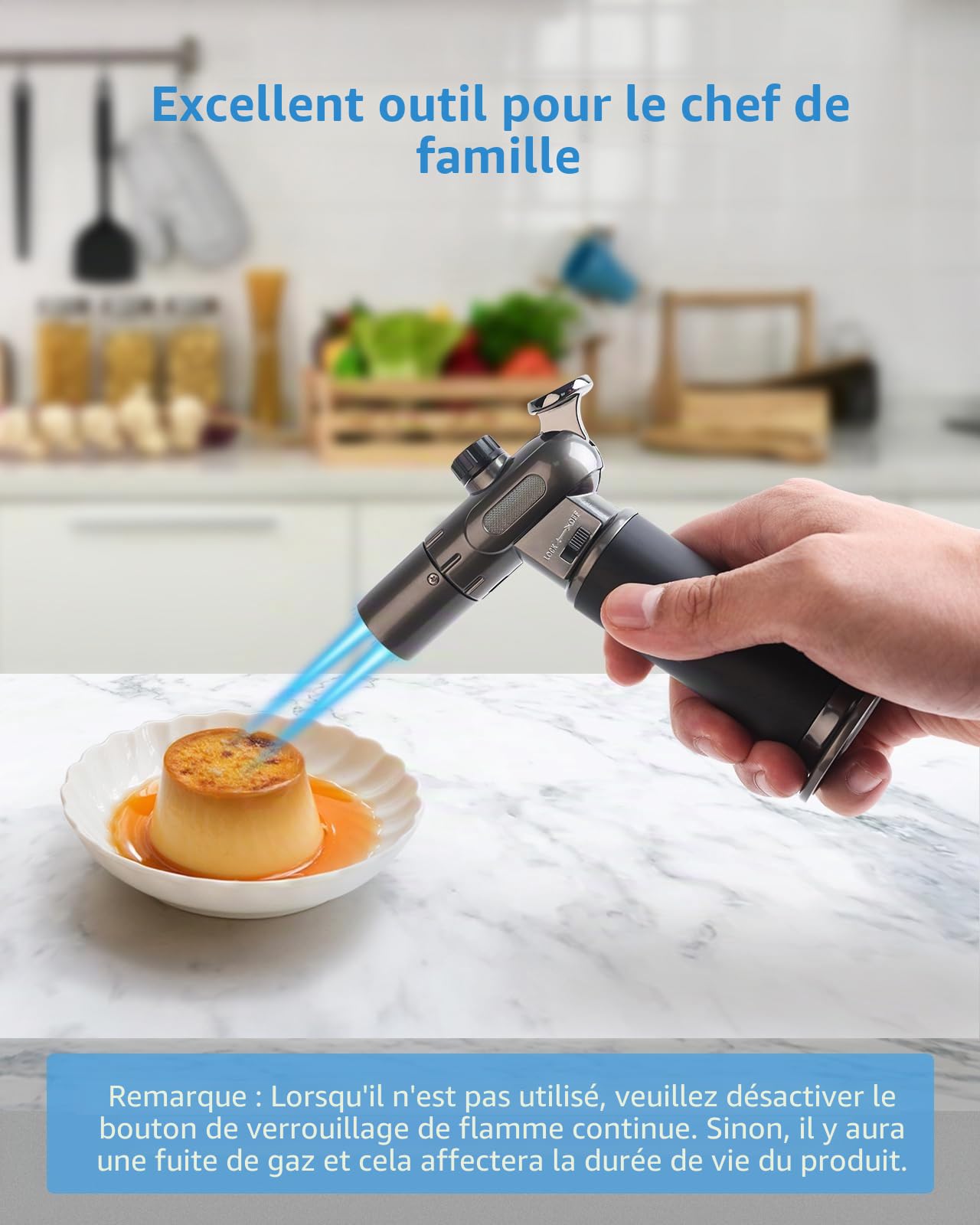 RONXS Chalumeau de Cuisine,Torche de Cuisine Briquet Butane Réglable à Double Flamme avec Flamme Continue Rechargeable Chalumeau Torche Culinaire (Gaz Butane Non Inclus)