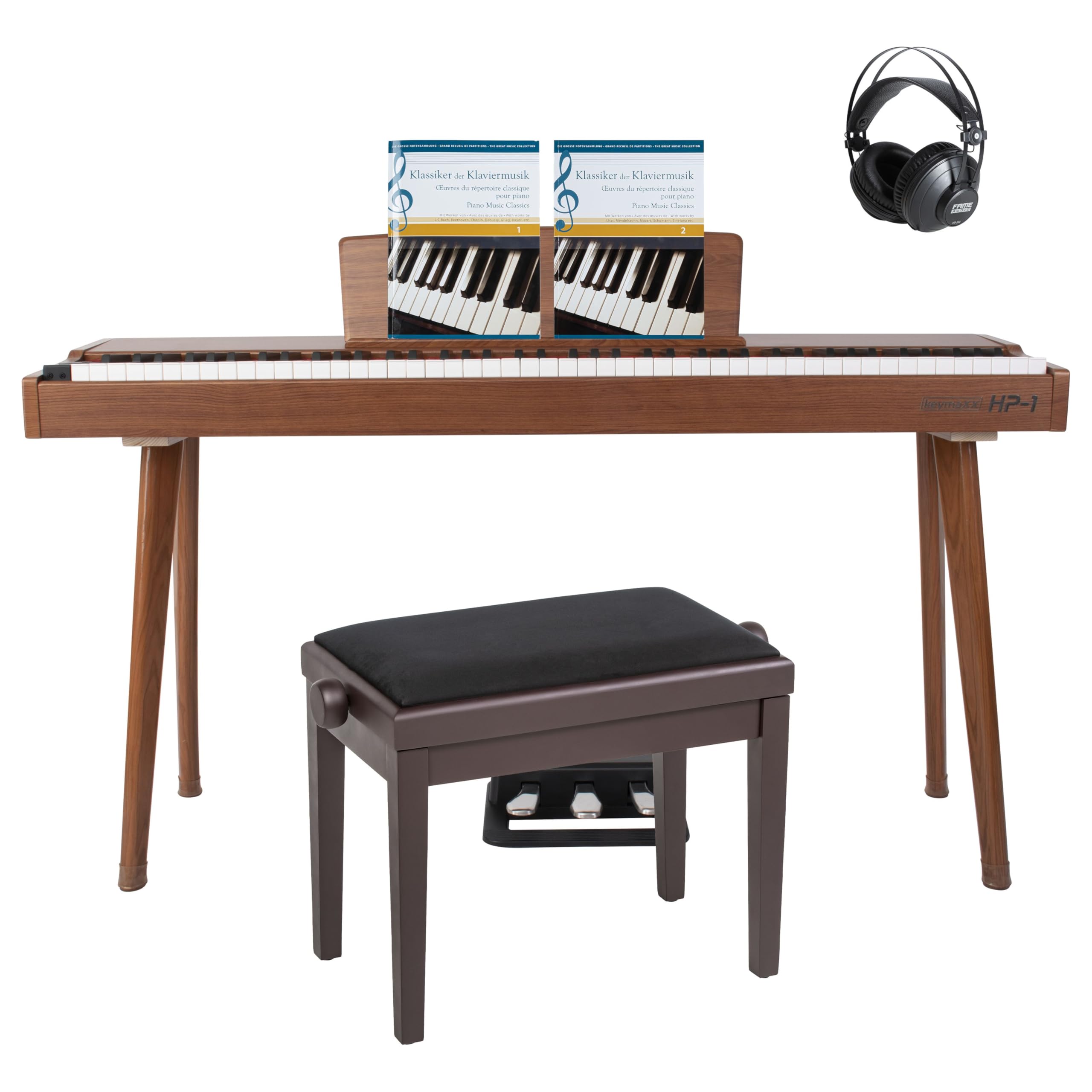 E-Piano Set 88 Tasten Hammermechanik, Klavierbank, geschlossene Kopfhörer, Notensammlung, Digitales Piano USB MIDI, Lautsprecher, Pedal, Braun mattiert, inkl. Netzteil