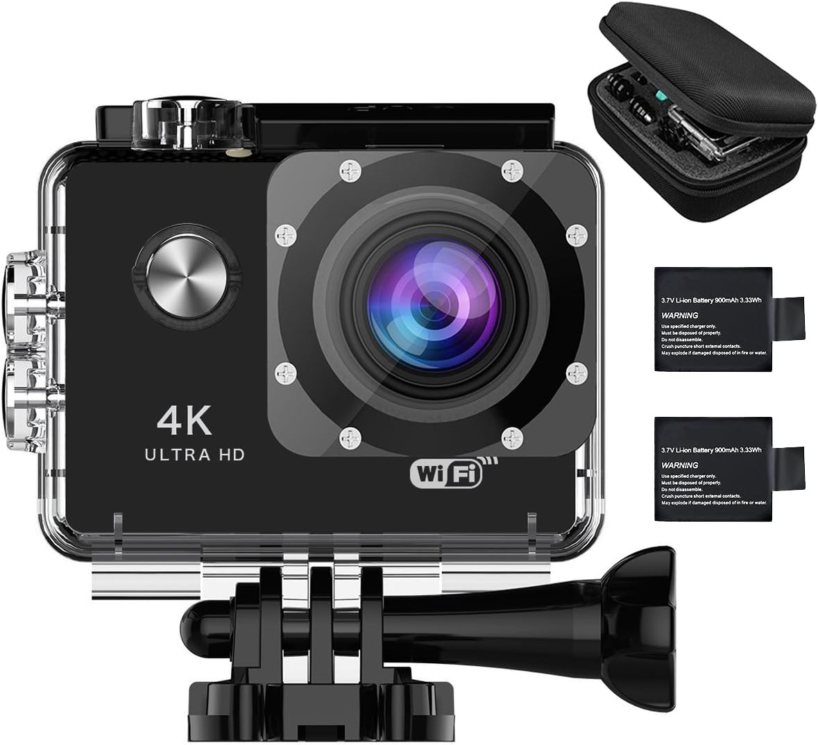 YDI M70 4K Underwater Action Camera Full HD 1080P 170 Degree Wide-Angle 2 Inch Screen Waterproof Cam 30M with Mounting Accessories, 2 Batteries and Portable Package