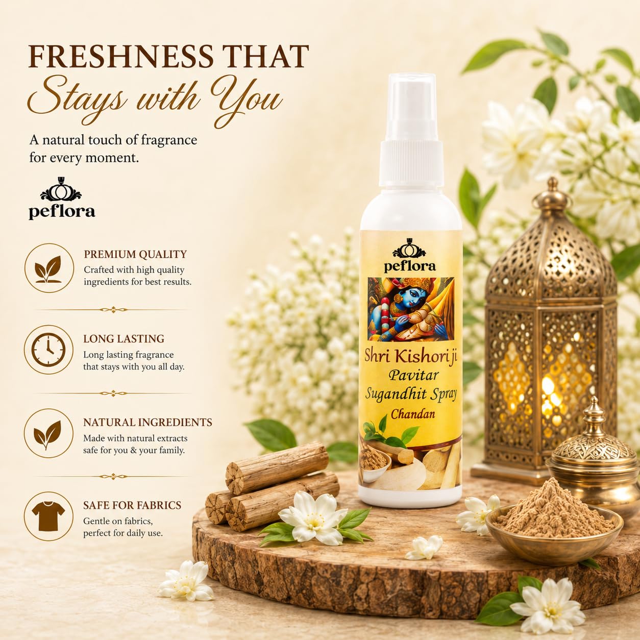 Peflora Shri Kishori ji Parivaar Sughandit Fabric Perfume, Smudge Spray, 100Ml/3.3 Oz, Sage Spray For Cleansing Negative Energy & Protection, Non-Toxic, For Spiritual, Smokeless (CHANDAN) 1