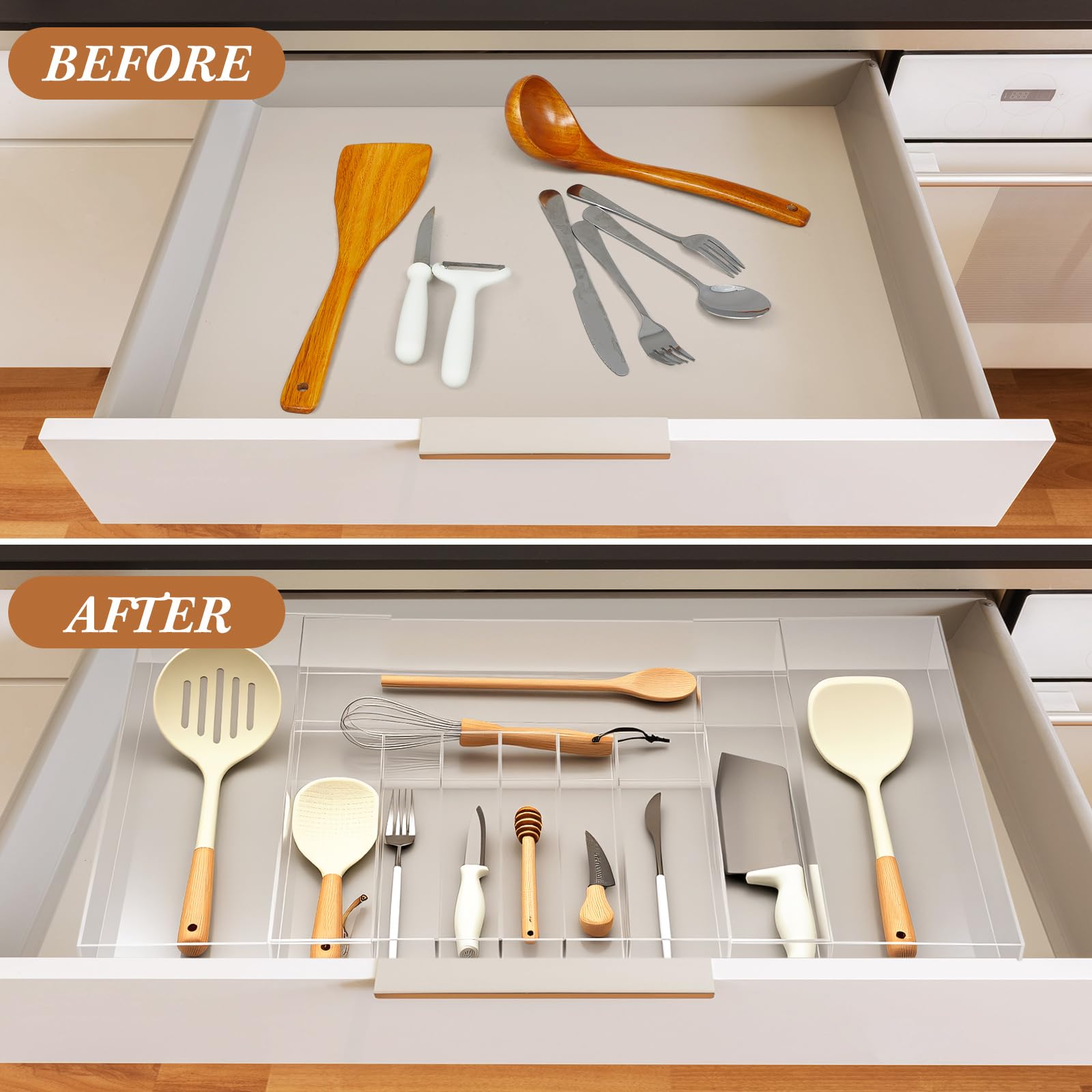 Teenyyou Organisateur de tiroir de cuisine extensible en acrylique transparent, organiseur d'ustensiles réglable en acrylique pour tiroirs de cuisine, couverts et couteaux (9 à 11 compartiments, 47,7
