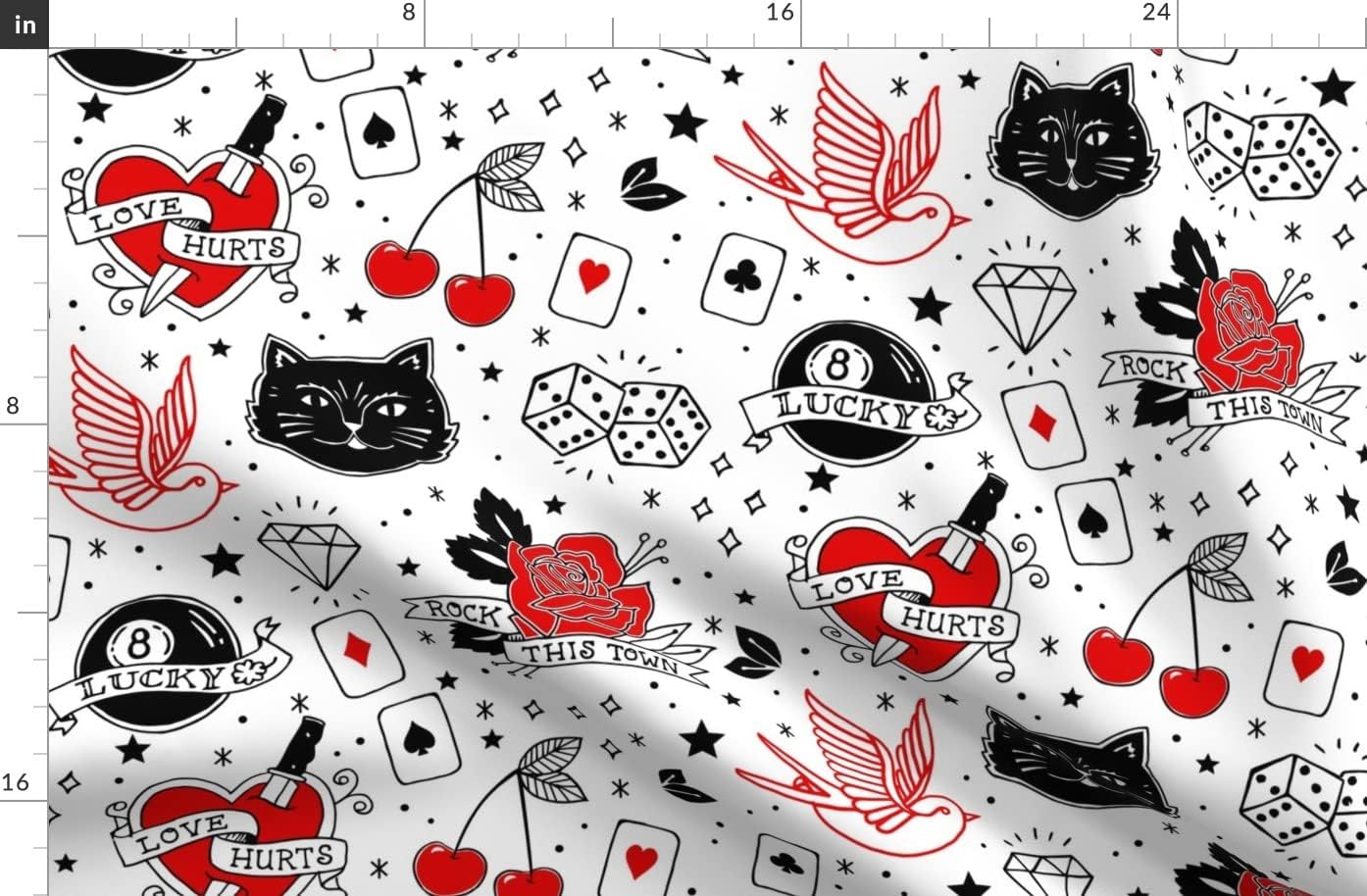 Spoonflower Fabric - Rockabilly Tattoos Large Tattoo Rock Roll Heart Luck Black Cat Bird Printed on Organic Cotton Sateen Fabric by The Yard - Sewing Quilting Apparel Home Decor