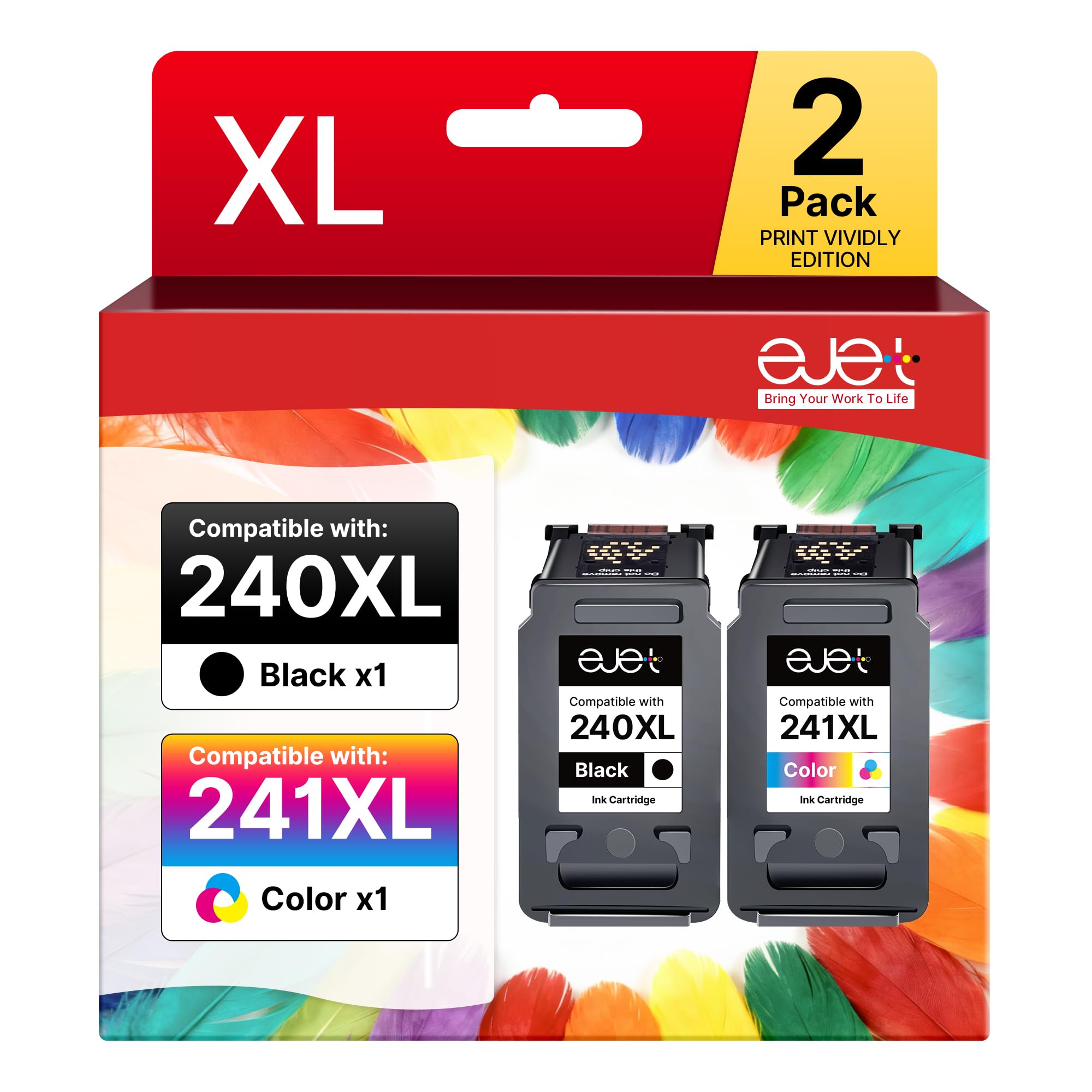 ejet PG-240 XL/CL-241 XL Ink Cartridges Replacement for Canon 240XL 241XL Combo Pack, Fit for Canon PIXMA MG3620 MG3600 TS5120 MG3520 MG2120 MX452 MX512 MX532 MX472 Printer (1 Black,1 Color)