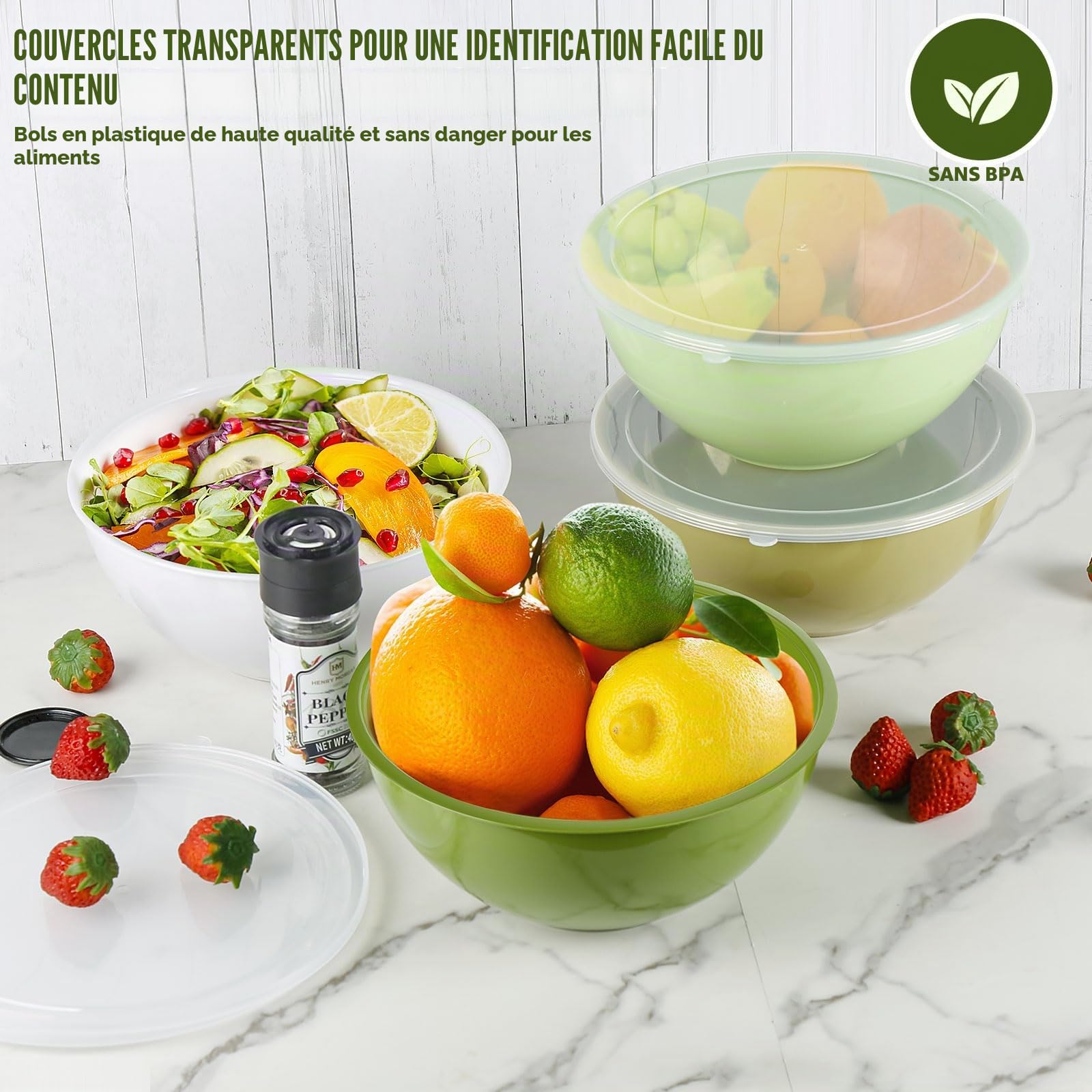 Greentainer Lot de 4 Bols de Préparation avec Couvercles, Empilables - Saladiers en Plastique Alimentaire pour Cuisine, Mélange et Stockage (22 cm, 2L, Vert) - Idéaux pour Salade, Pâtisserie