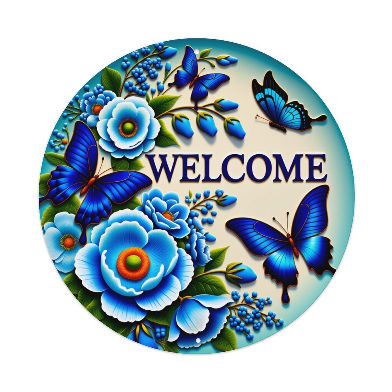 Blue Flowers Butterflies Welcome Pattern Print Round Vintage Tin Sign,Retro Wall Art,Metal Poster for Home, Bar, Garage, Cafe, Rustic Indoor & Outdoor Decor, 8x8 Inches