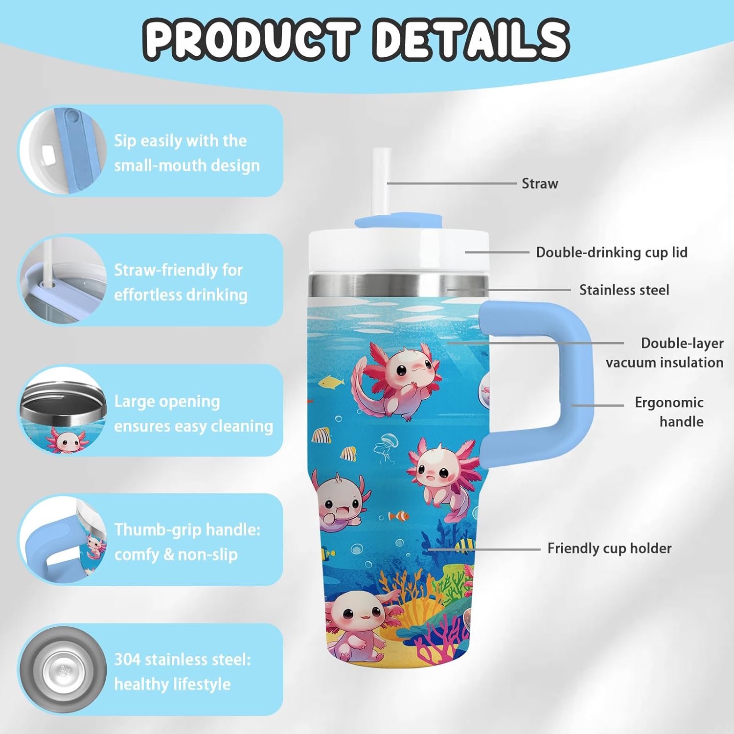 Axolotl Gifts for Girls - 14oz Blue Kids Axolotl Tumbler with Handle and Straw, Stainless Steel Insulated Water Cup, for Sport, School, Travel - Axolotl Lovers Gift for Children Birthday Gift Cup(1pc) - Image 4