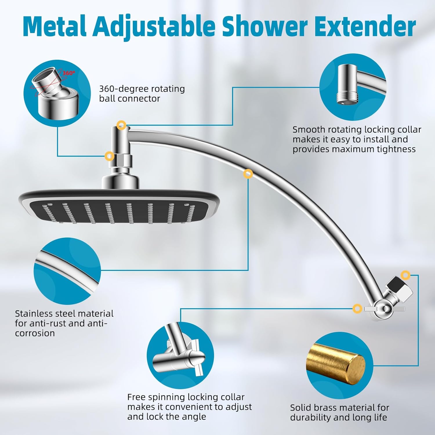 Rain Shower Head with 12" Shower Head Extension Arm, 10" High Pressure Boosting Rainfall/Fixed Showerhead, Metal Shower Head Extender Adjustable Height/Angle, 1-Min Installation, Easy Clean, Chrome