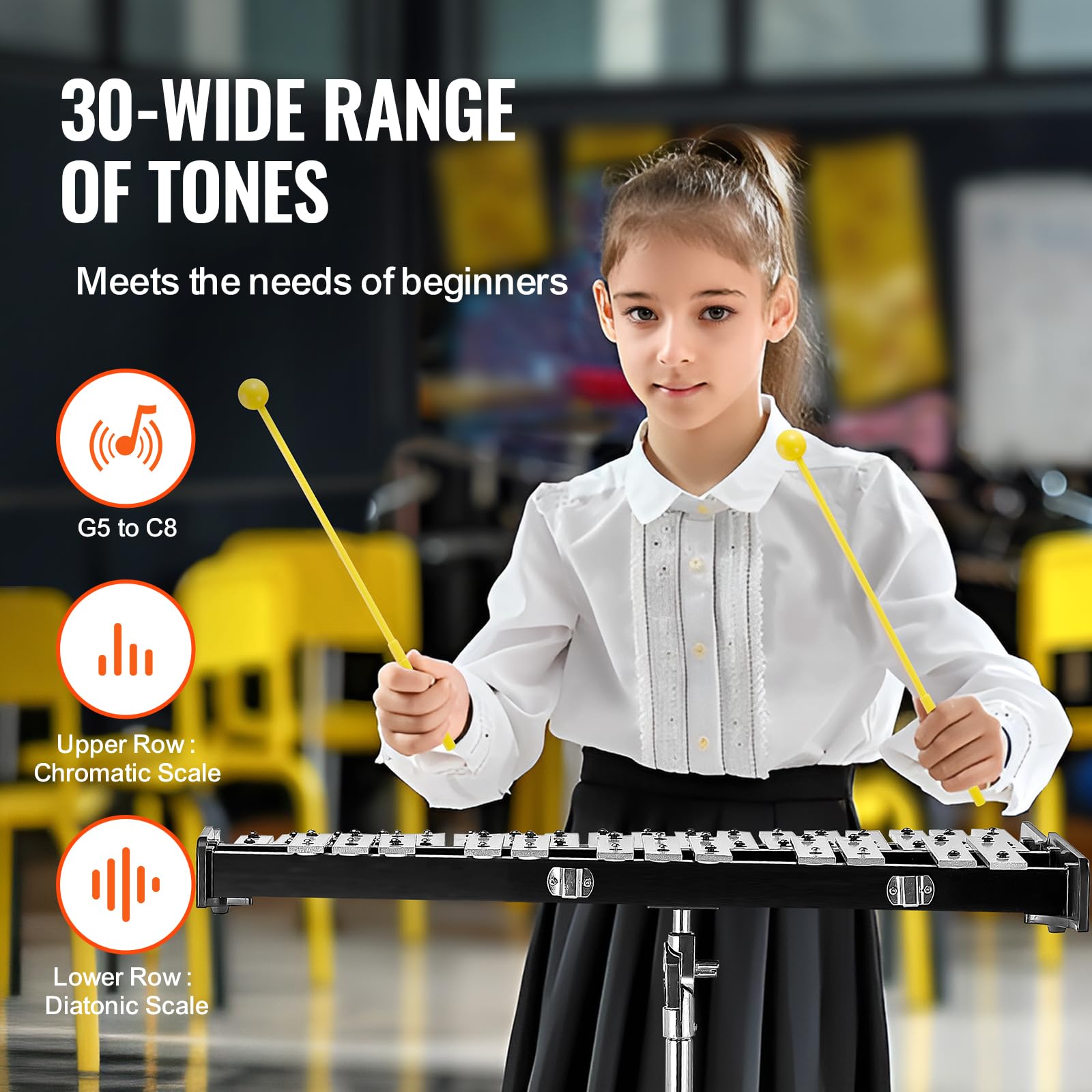 VEVOR Kit Campana Xilofono Glockenspiel a 30 Note, Strumento a Percussione Professionale con Mazze, Bacchette, Leggio, Pad 203 mm, Supporto Regolabile e Borsa per il Trasporto per Studenti e Adulti