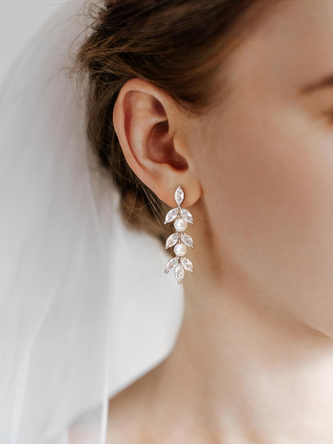 SWEETV Cubic Zirconia Wedding Earrings for Brides Bridesmaids, Elegant Marquise Bridal Dangling Earrings, Crystal Drop earrings for Women Jewelry Gifts - Image 2