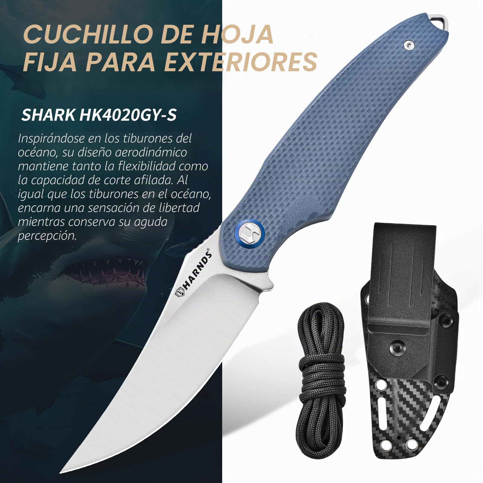 Harnds Tiburón Cuchillo de Hoja Fija para Outdoor con Funda Kydex Hoja de Acero D2 Ideal Cuchillo de Camping Cuchillo de Supervivencia Premium Cuchillo Bushcraft (Gris - Satín)