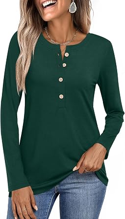 BISHUIGE Womens Long Sleeve Crew Neck Tops Henley Buttons Down Shirts Casual Loose Fit Tunics