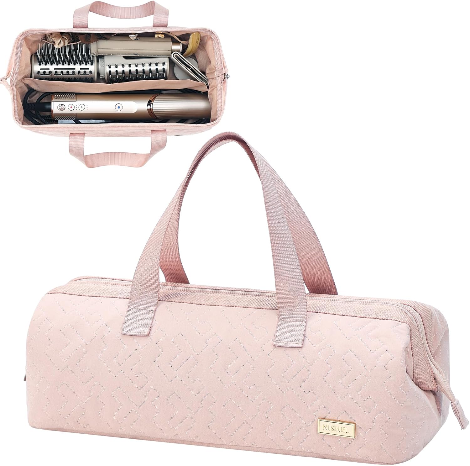 NISHEL Hair Tools Travel Carrying Bag, Portable Hair Air Wrap Dryer Case, Hair Dryer/Curling Iron/Airstraight Attachment Organizer, Pink NISHEL Hair Tools Travel Carrying Bag, Portable Hair Air Wrap Dryer Case, Hair Dryer/Curling Iron/Airstraight Attachment Organizer, Pink