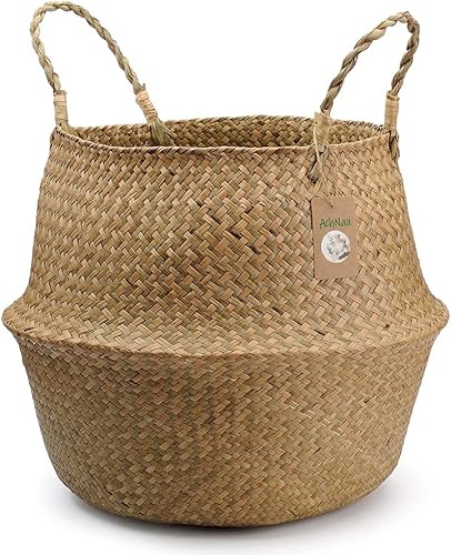 CENGOOD Cesta tejida de hierba marina natural plegable con asas para almacenamiento, juguetes, lavandería, guardería, maceta, decorativa, S (7.8 x