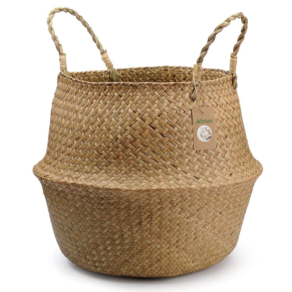 FEILANDUO Panier à Linge En Osier Tressé Avec Poignée - Décoration D'intérieur - Pour Pot De Fruits Et Plantes (Blanc, 22 X 20cm