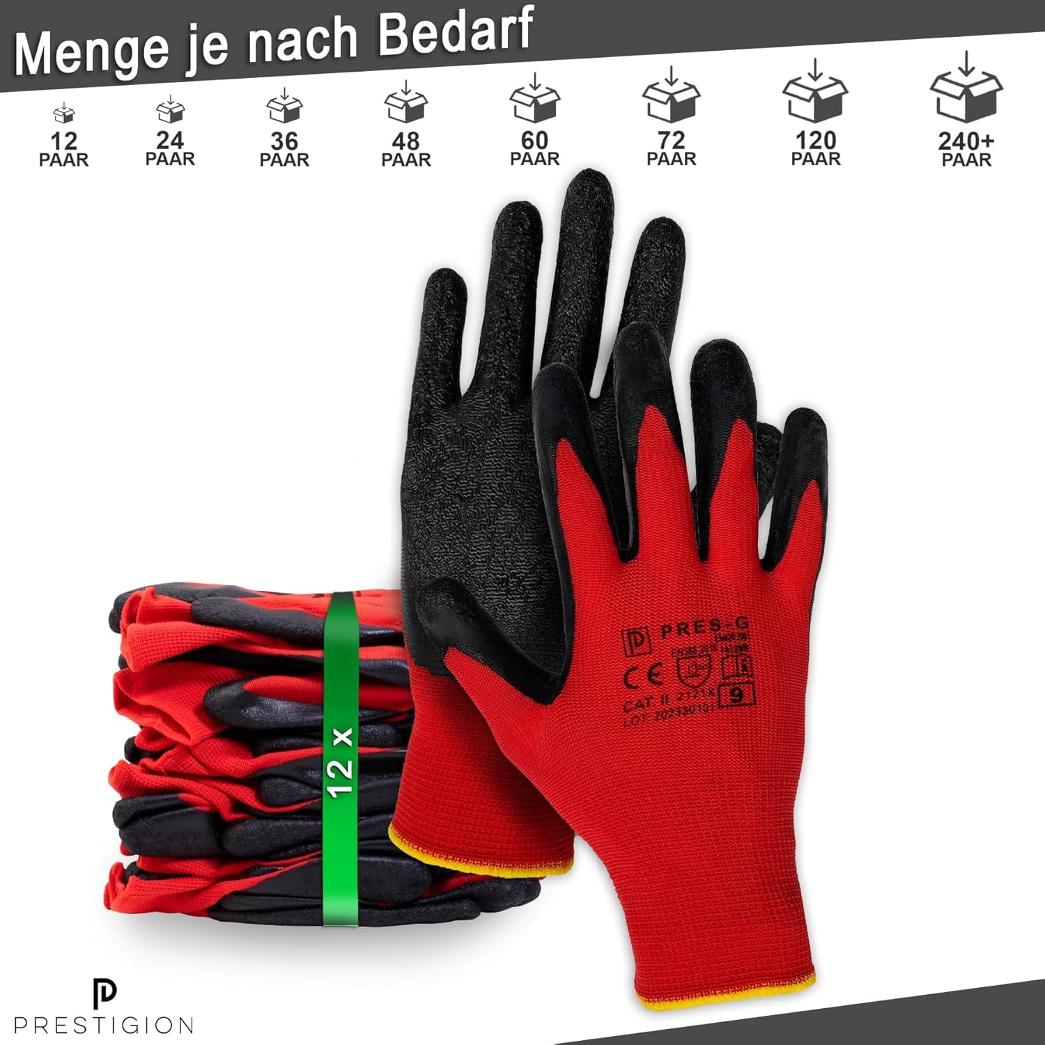 Gants de Travail, Taille 10-XL, 72 Paires - Gants en latex pour le travail - Résistants à l'abrasion - Idéals pour les chantiers, les bricoleurs ou le jardinage