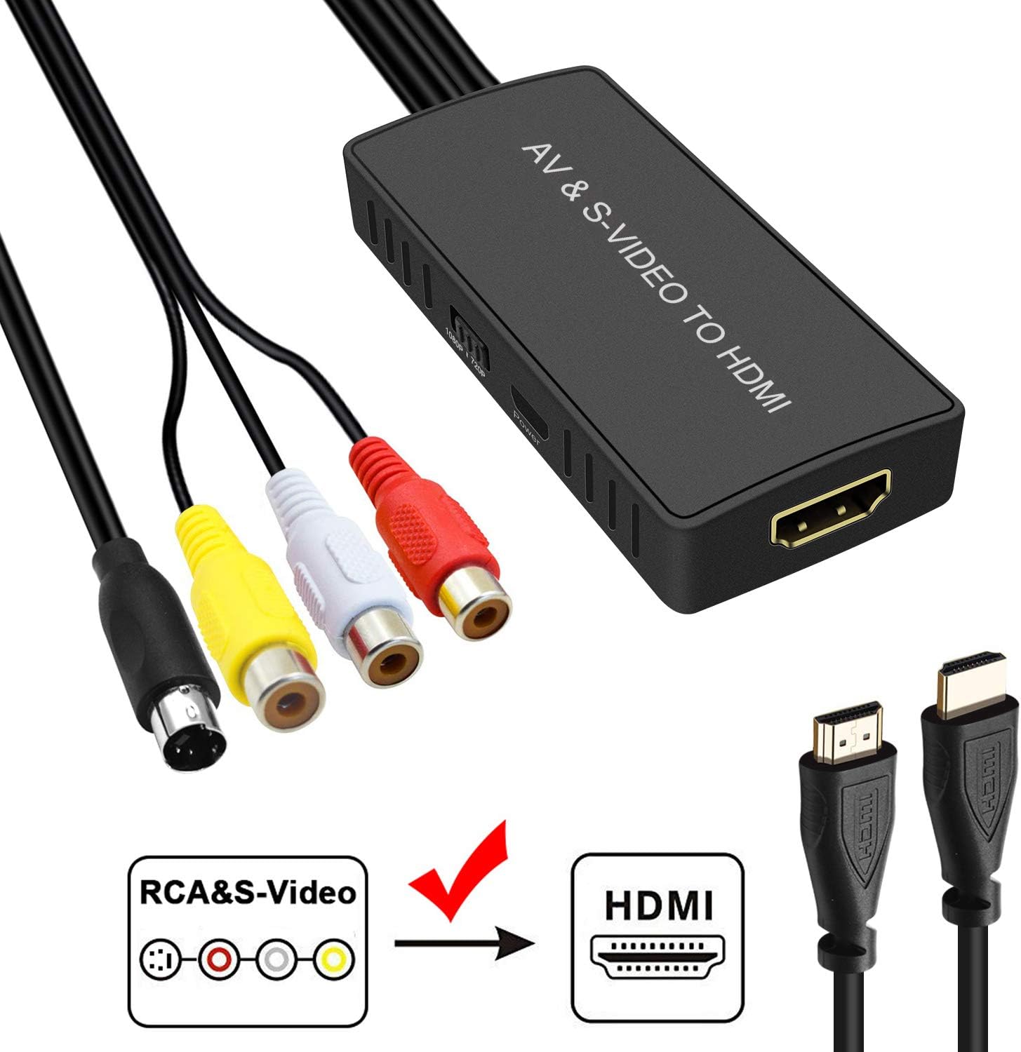 SVideo to HDMI Converter, RVA to HDMI Adapter Support 1080P, PAL/NTSC Compatible with WII, WII U, PS one, PS2, PS3, STB, Xbox, VHS, VCR, Blue-Ray DVD Players