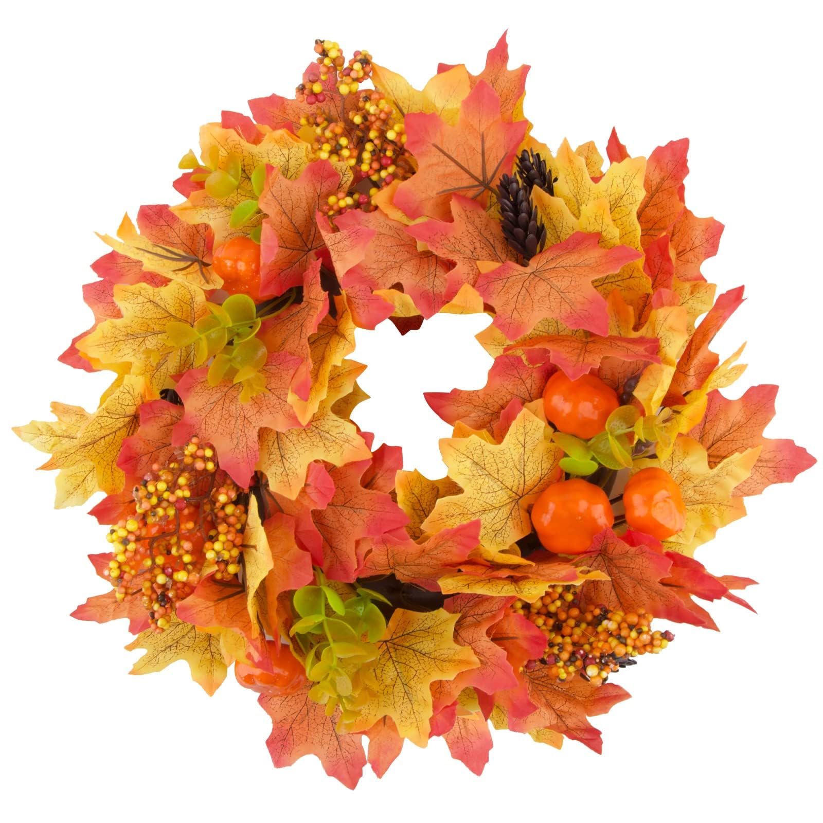 Couronne D'Automne Artificielle - Diamètre 12 Cm, Feuilles D'Érable, Citrouilles, Baies, Pour Déco Halloween/Thanksgiving - 12
