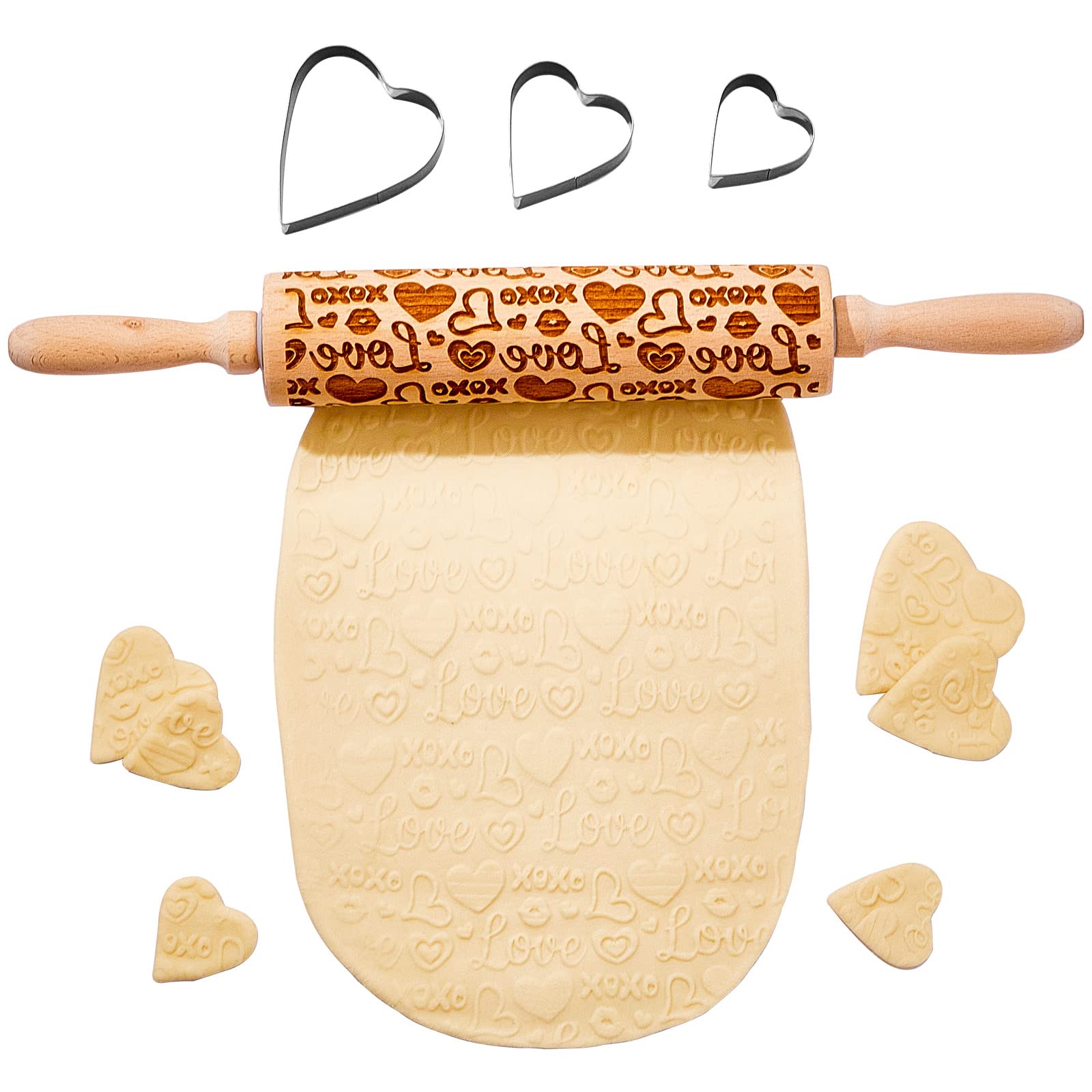Mother's Day Gift Hearts Rolling Pin Wooden Embossed Rolling Pins for Baking Love 3 Pcs Heart Cookie Cutter Set for Wedding Birthday Cakes Biscuits Sandwiches