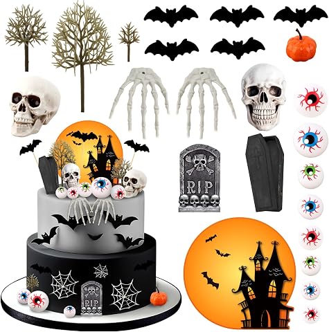 Hooqict 24Pcs Halloween Cake Decorations Set with Skeleton, Tombstone, Pumpkin, Bat, Skull, and Eyeballs