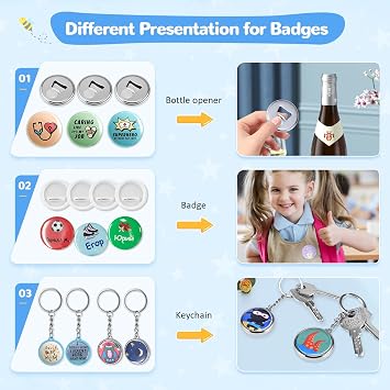 Badge Maker Button Machine Multiple Sizes 1+1.25+2.25 inch(25+32+58 mm) 300 Plastic Pin Maker, KEYSAFER DIY Badge Press Machine with 10 Bottle Opener, 10 Key Chain Suits, Molds & Round Paper Cutter